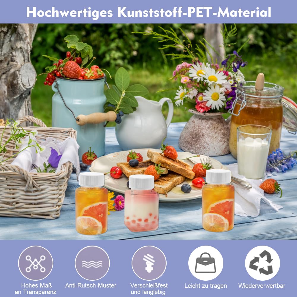 8 PCS Botellas Plástico Pequeñas de 100ml y 120ml Botella Plastico Transparente con Tapa Blanca Botellas de Jugo de Plástico Reutilizables con 1 Hoja Etiqueta Adhesiva para Agua Leche Aceite