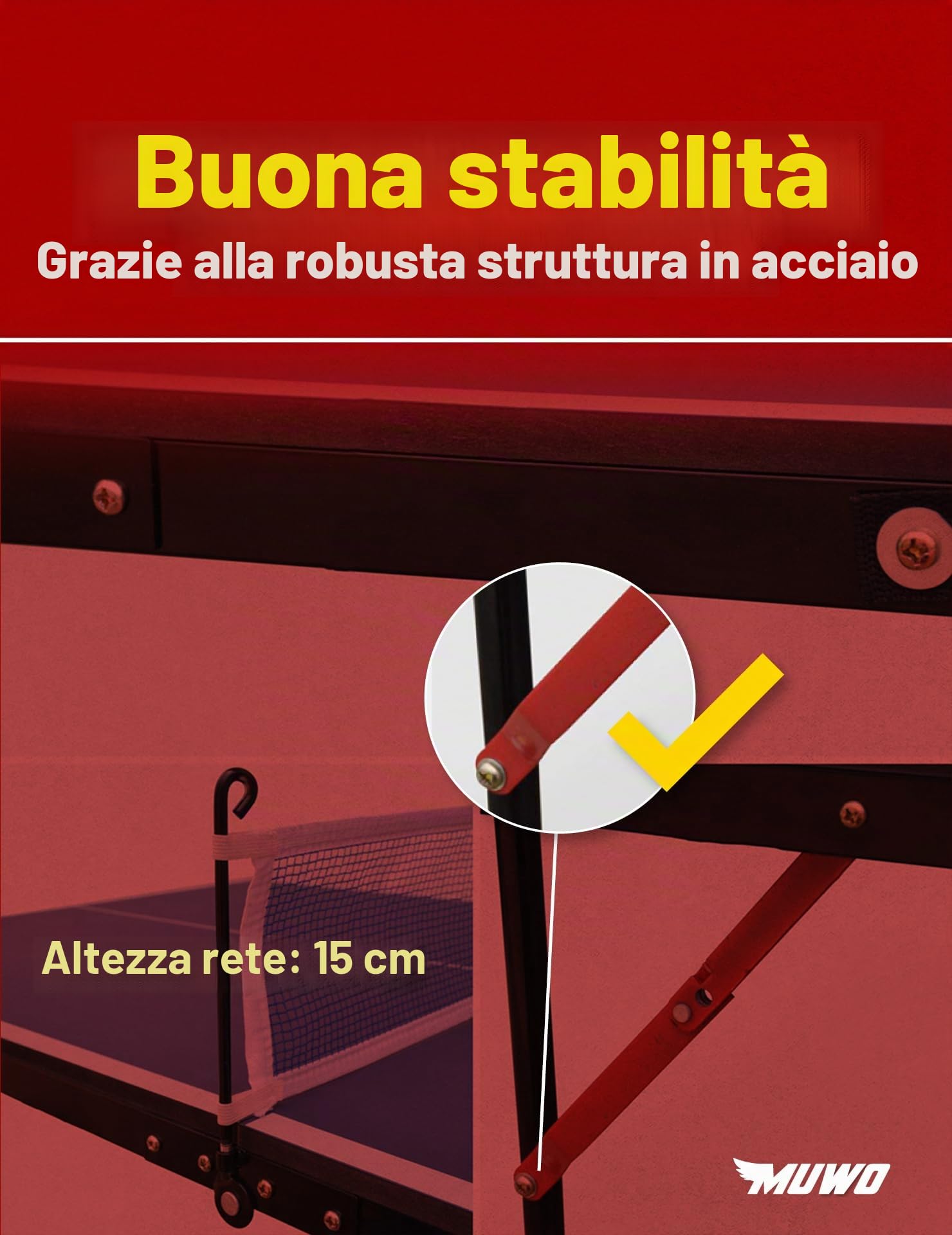 MUWO Mini tavolo pieghevole per interni, struttura in acciaio resistente, compatto, con maniglia per il trasporto, 137 x 76 cm, con rete, due racchette e pallina da ping pong