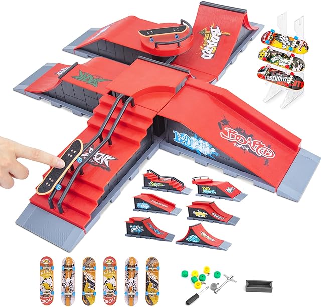 Finger Skateboard Ramp Set, 6PCS Combinations Mini Skate Ramp with Skateboards, Fingerboard Skate Park Kit Ultimate Finger Skating Training Props Deck Track Park Toy for Kids Birthday Gift (6-in-1)