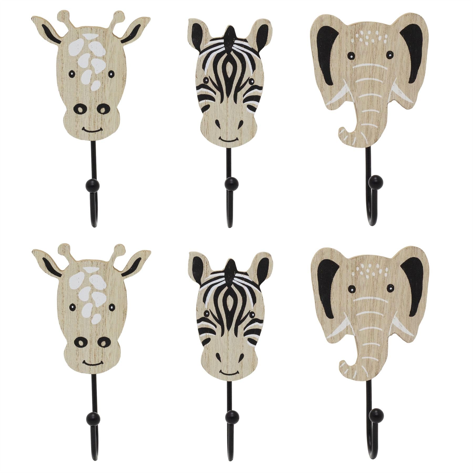 Carousel Home Natural Set Of 6 Safari Animal Wooden Wall Hooks, Kids Jungle Nursery Coat Hooks With Zebra Giraffe Elephant And Black Metal Hooks