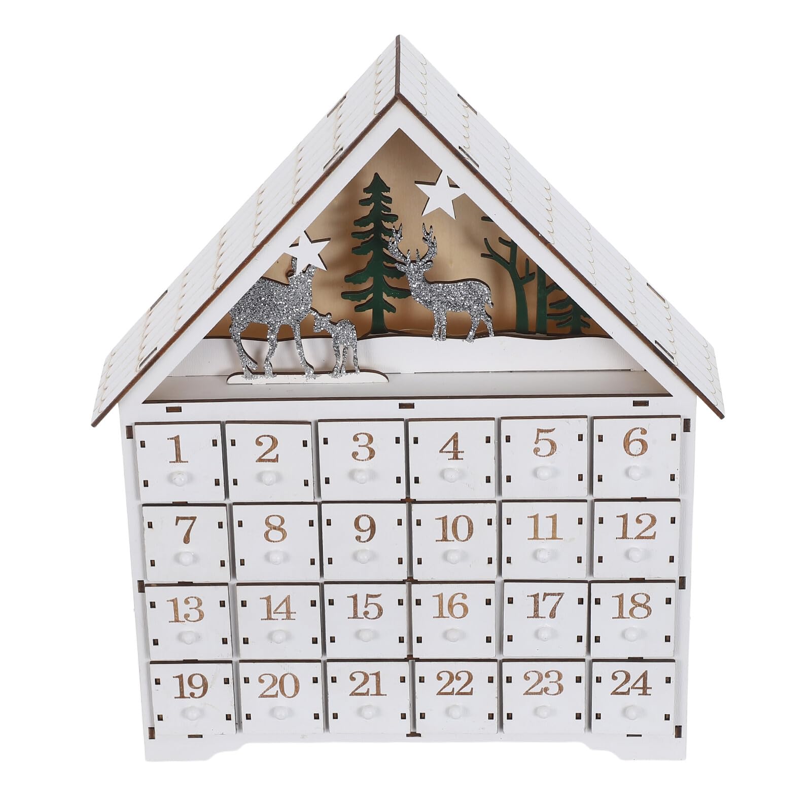 Calendario de Adviento de Navidad de Madera con 24 Cajones Rellenables Decoración LED con Reno Iluminado Cuenta Regresiva para Hogar y Mesa Decoración Navideña Reutilizable