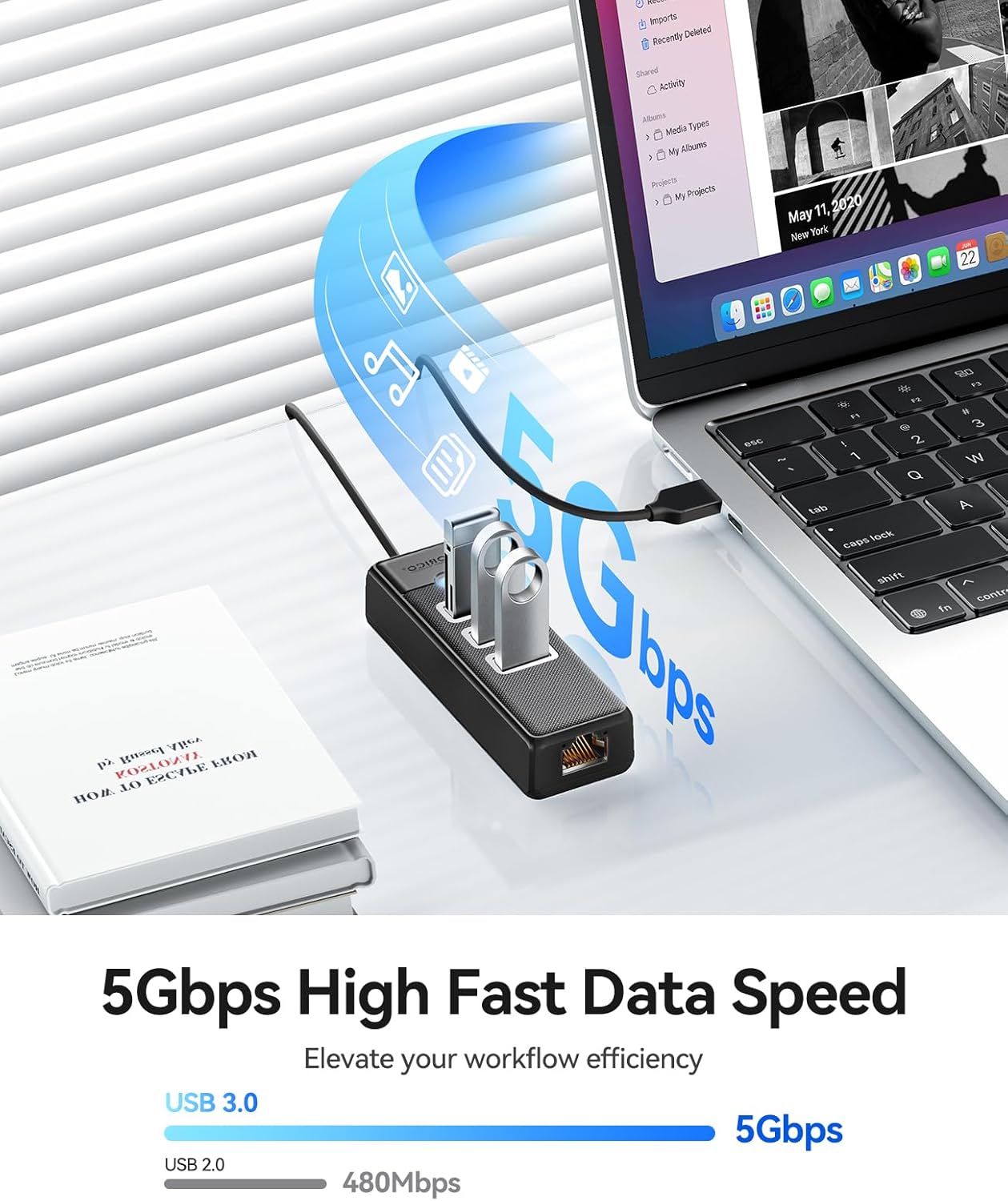 ORICO USB to Ethernet Hub,USB Hub Ethernet 1Gbps with 3*Type-A 3.0, USBA to Network Extender with 50CM Cable for Windows 10, 8.1, Mac OS, Laptop