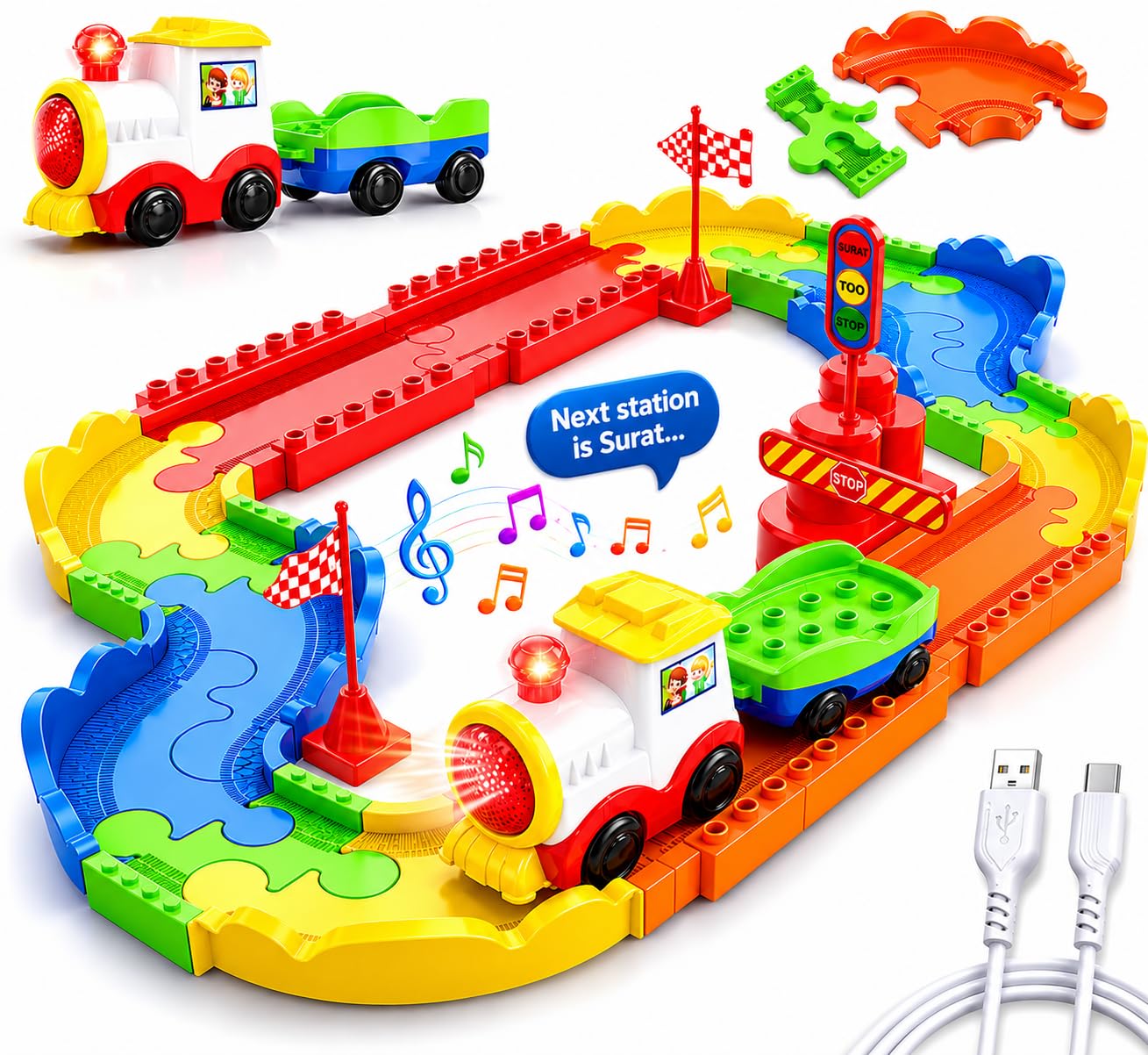 Mirana Block Rider Toy Train Set with Colorful & Multiple Track Layout, USB Rechargeable Type-C Engine, Various Sound Modes - Vande Bharat, Rajdhani, Delhi Metro, Kids 2-8 Years (Classic - 47 Pcs)