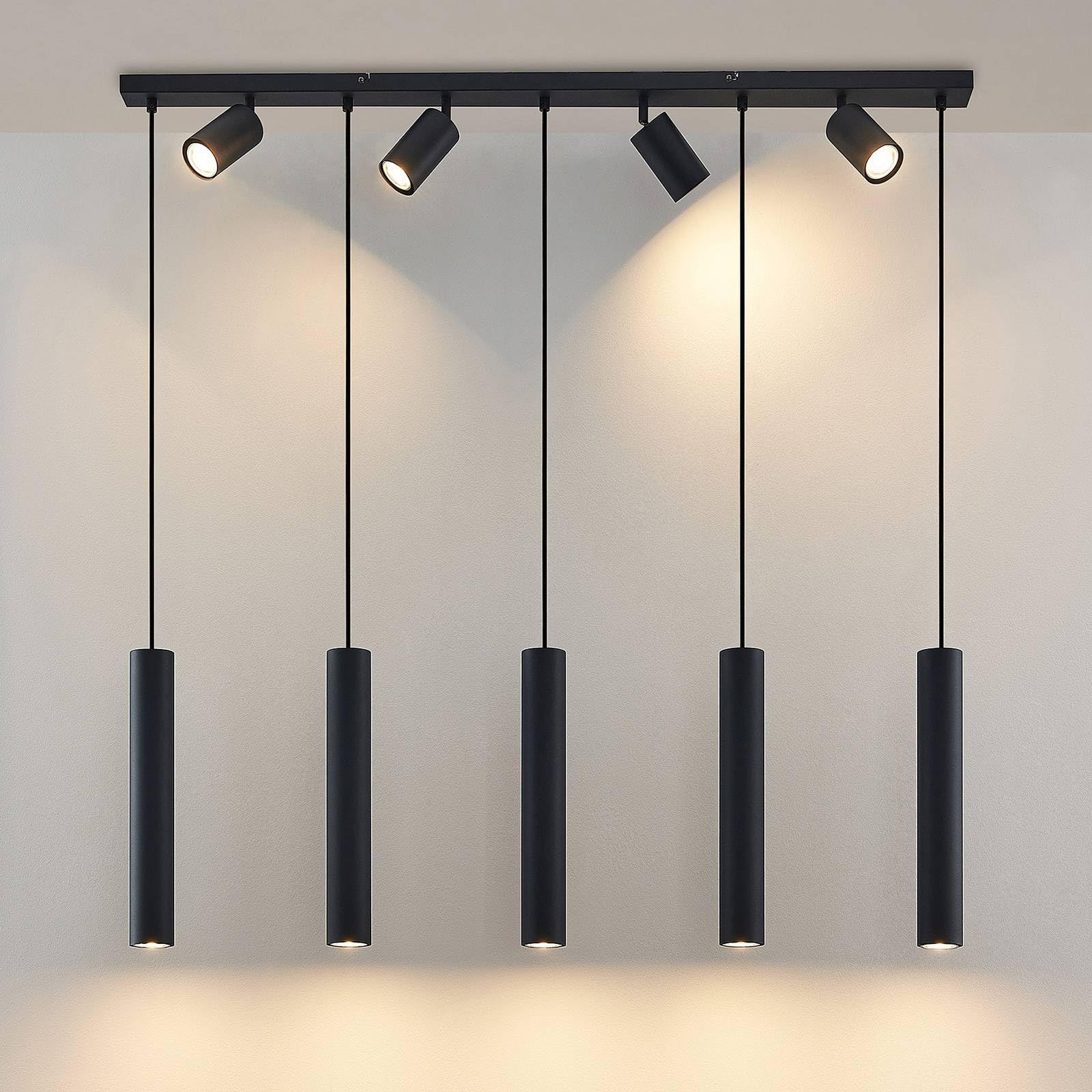 Lindby Lampada a Sospensione 9 Luci Nera 116 cm, Lampadario con Faretti Orientabili e Pendenti Cilindrici GU10 Moderne Lampade Sospese per Cucina Sala da Pranzo Soggiorno