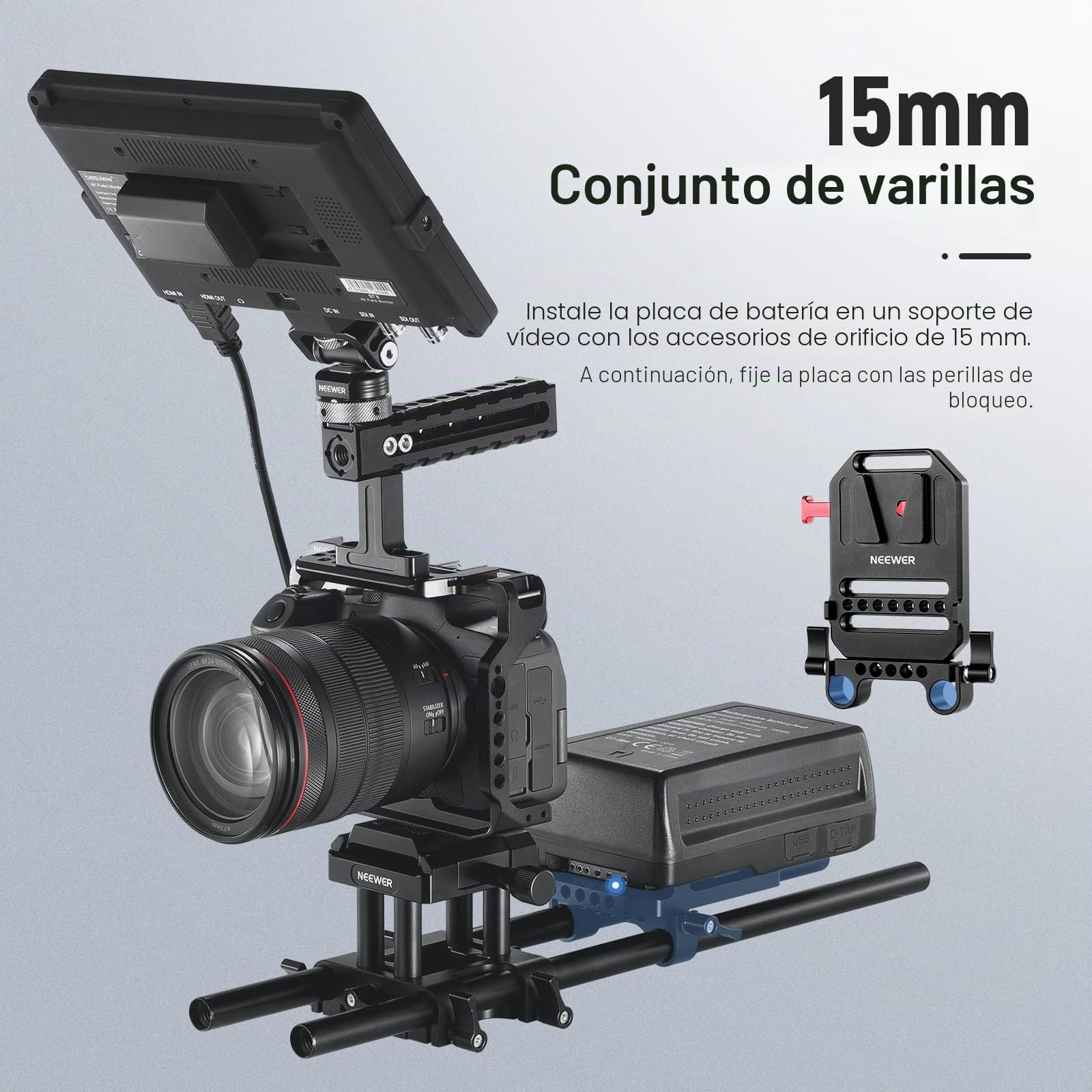 NEEWER Placa de Batería de Montaje en V con Abrazaderas de Varilla de 15mm y Roscas de 1/4" Placa de Montaje de Bloqueo en V de Metal de la Plataforma con Sistema de Soporte de Riel de 15mm (ST43)