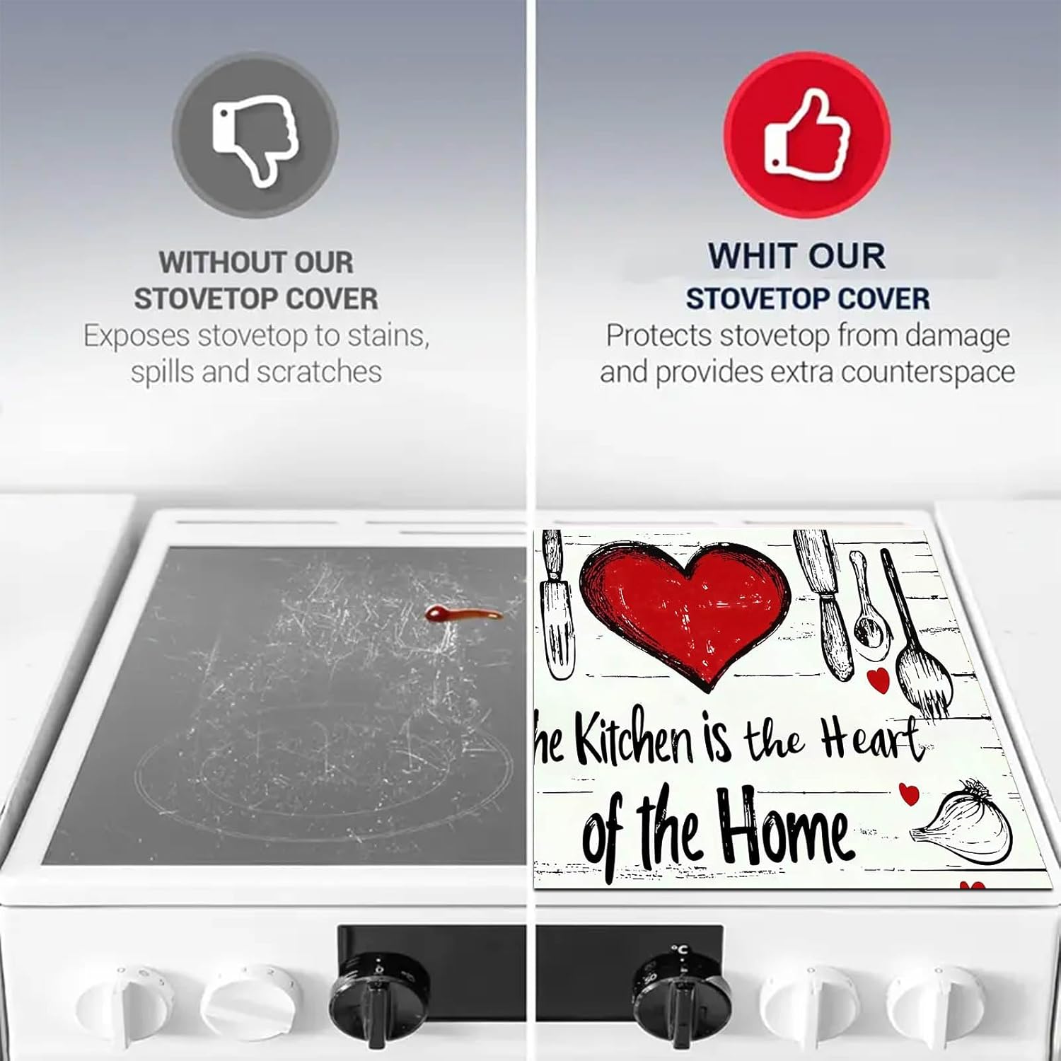 HOMETITUTE Heart Stove Top Cover 28x20 Inch Diatomite Glass Stovetop Decorator Mat Rustic Kitchen Decor Glass Cooktop Protector Electric Stove Cover Pad Heat Resistant Mat