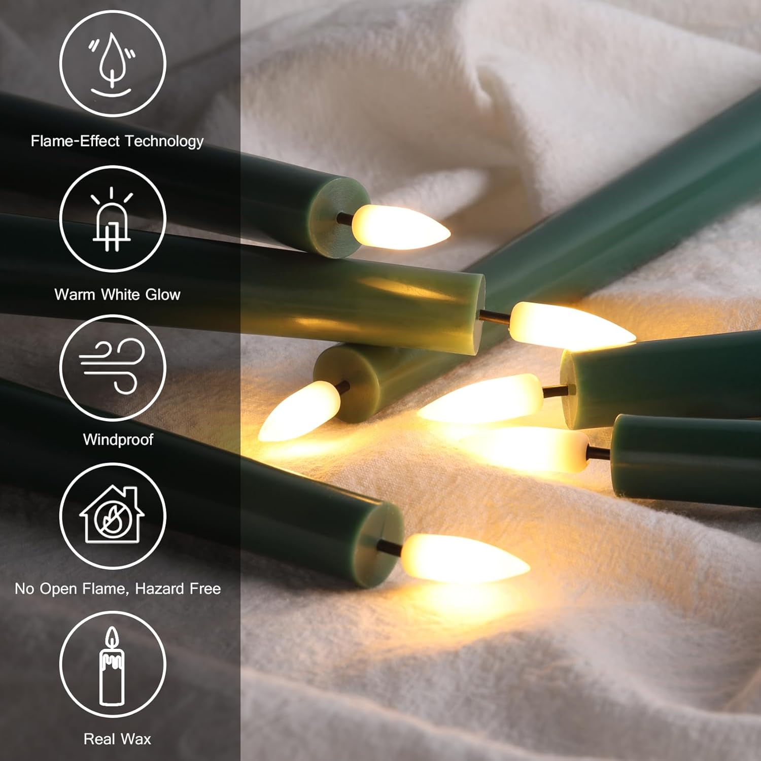 Eywamage Dark Green Flameless Taper Candles with Remote, Flickering Battery Operated LED Wax Candlesticks Set of 6