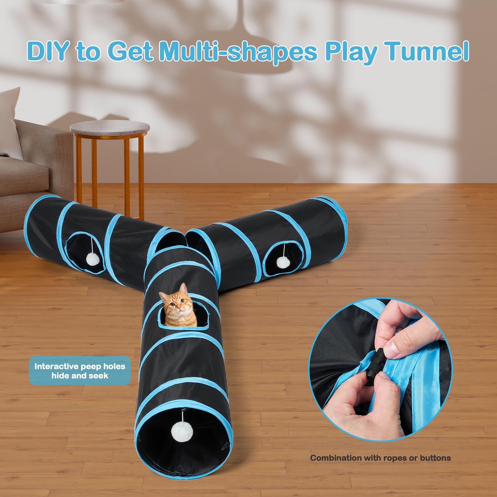 Tunnel pour chat - 3 tunnels droits pour animaux de compagnie - 6 formes à faire soi-même avec baguette - Résistant aux rayures - Tubes pliables pour chiots d'intérieur - Chaton - Lapin - Noir - 208,3