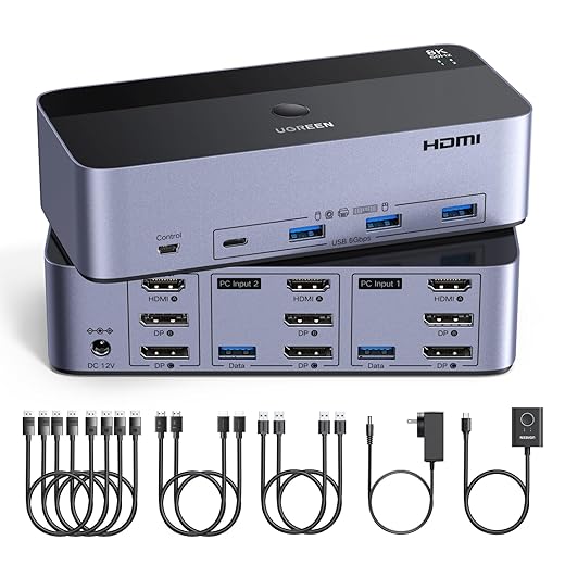 UGREEN 8K@60Hz HDMI Displayport KVM Switch 3 Monitors 2 Computers, Aluminum 4K@240Hz with 4 USB 3.0 Ports for 2 Computers Share Triple Monitors with 4 DP+2 HDMI+2 USB Cables/Power Adapter/Controller