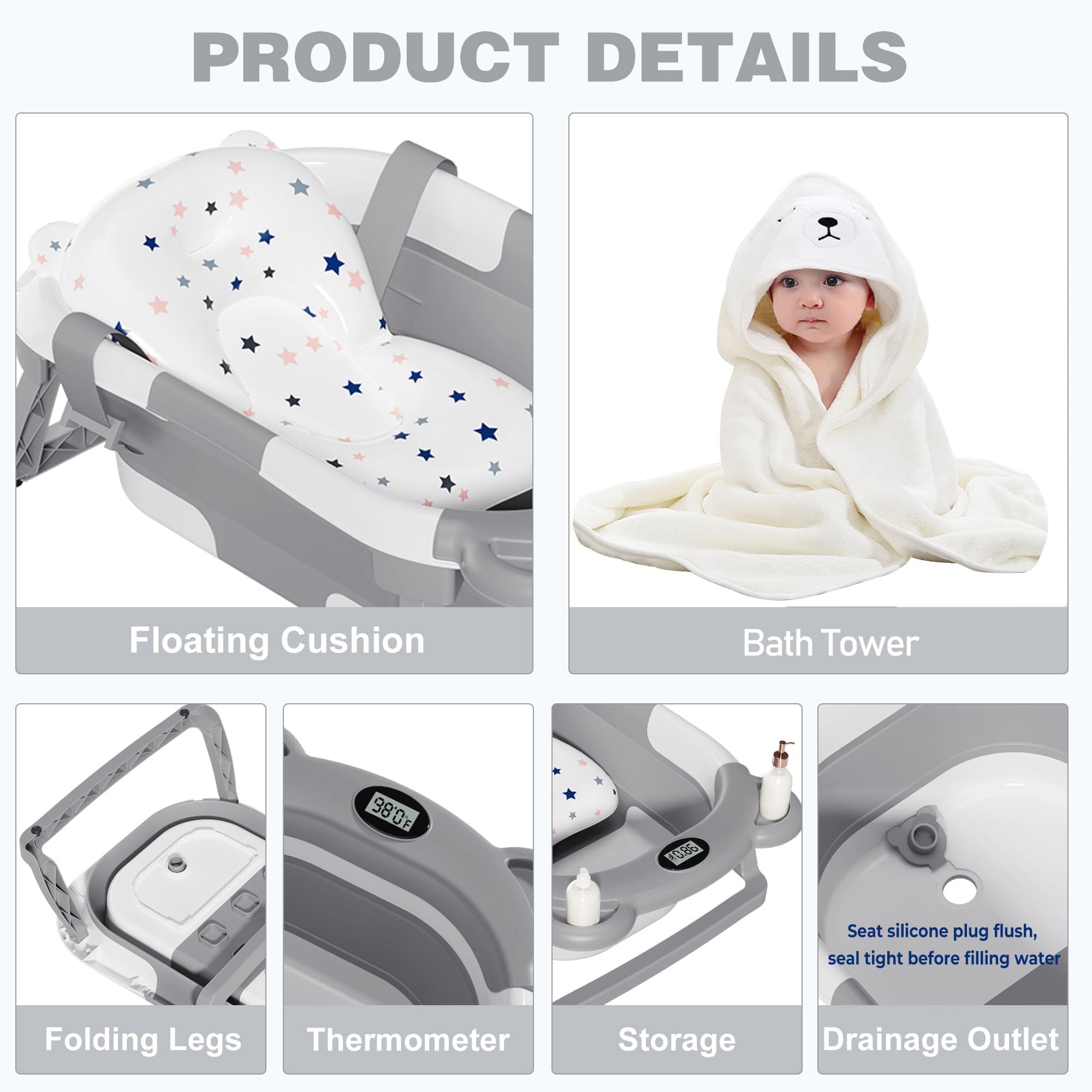 MoreFeel Faltbare Baby-Badewanne für Neugeborene mit Thermometer und 1 Kapuzenhandtuch und 1 weiches schwimmendes Kissen, tragbare Reisebadewanne mit Ablaufloch, langlebig, faltbare Babywannen für