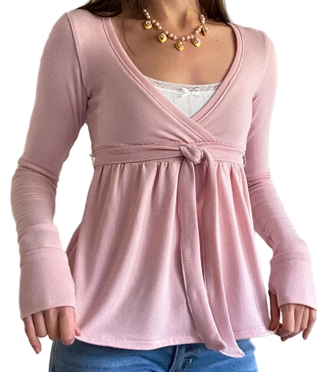 Eimmao Women Babydoll Long Sleeve Top Y2K V Neck Shirts Dark Pink M โ image 1