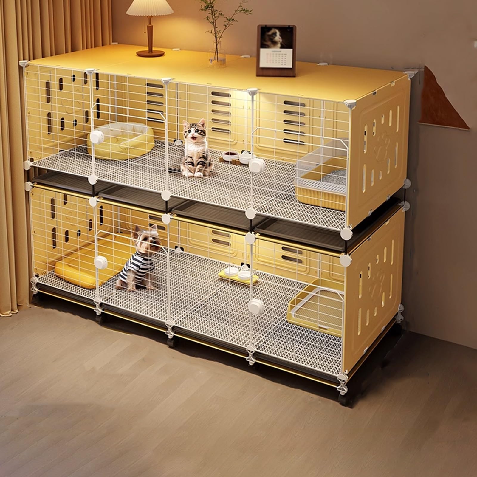Clapier Lapin Exterieur sur roulettes for Petit Espace, Niche Chat Extérieur Hiver avec Dessus for Le Rangement, Cages Empilables for Chats Faciles À Nettoyer(140 * 45 * 112CM)