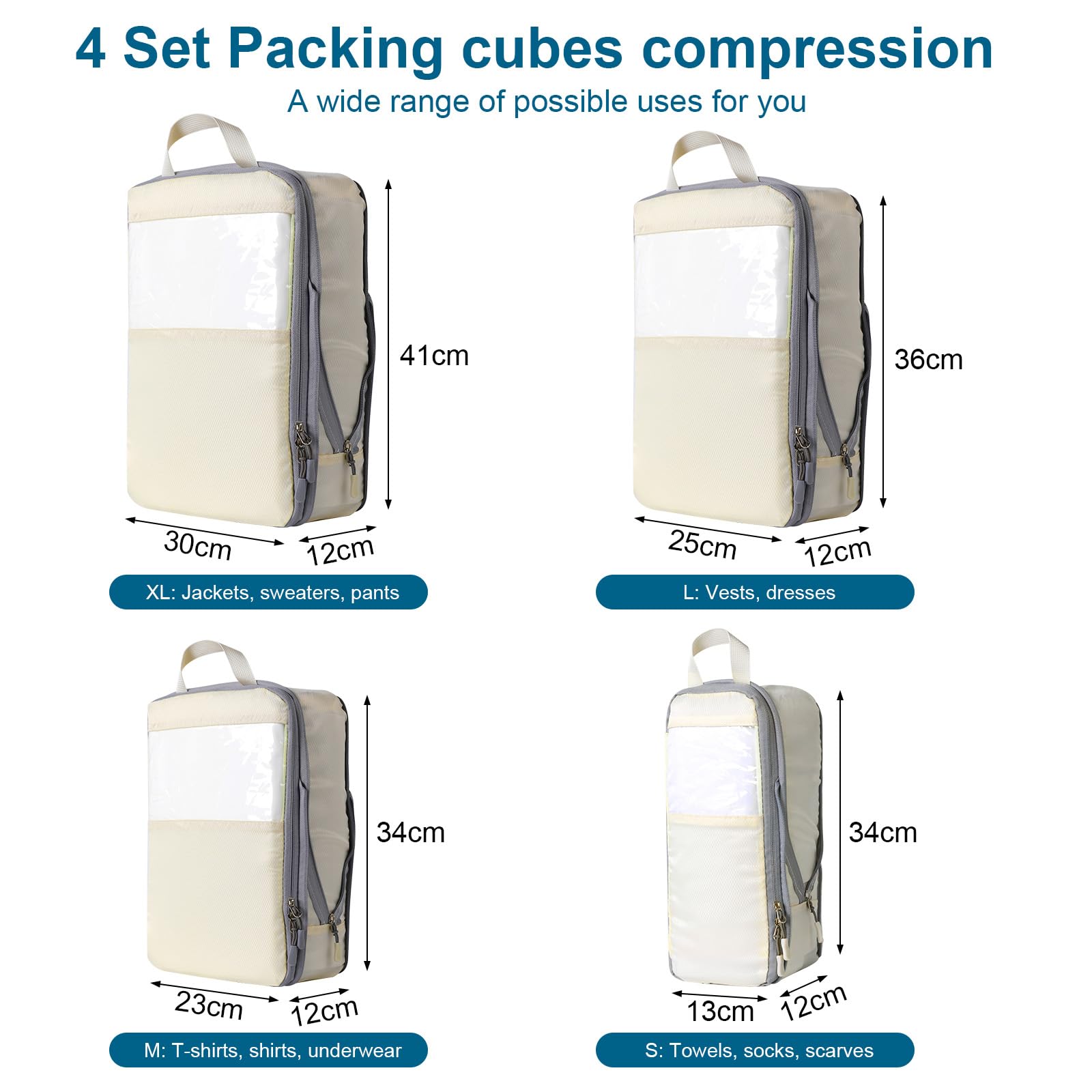 Cozary Organizer Valigia - Set di Packing Cubes con Compressione e Tessuto in Poliestere Impermeabile, Set Intimo da Viaggio per Zaini o Bagagli a Mano, Perfetto per Viaggi e Campeggio - Beige