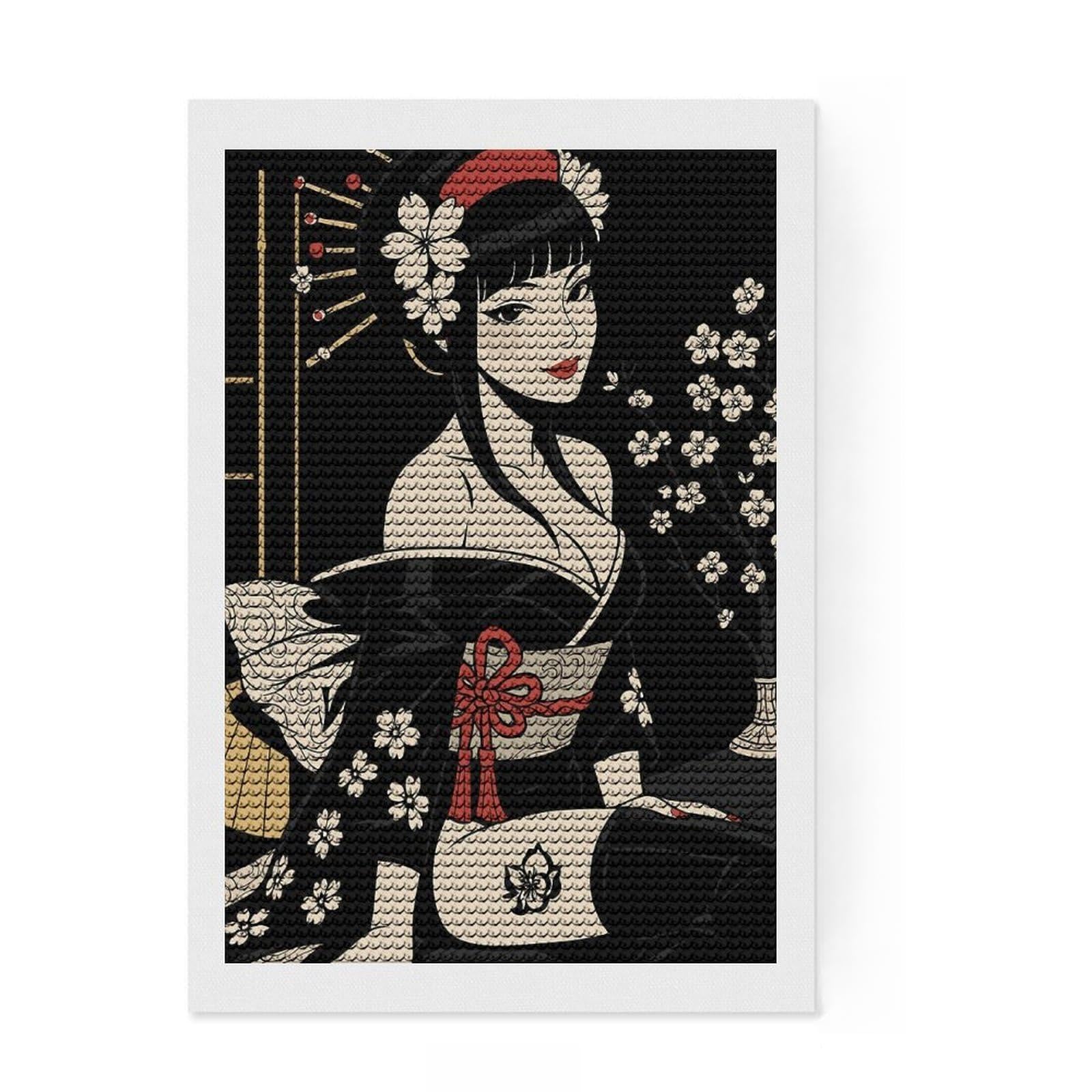Junmoney Geisha with Cherry Blossoms Illustration Round Drill Diamond Painting 8"x12", for Teens, Vintage Style Decor, Pleasing Wall Art Project, Festive Craft Gift