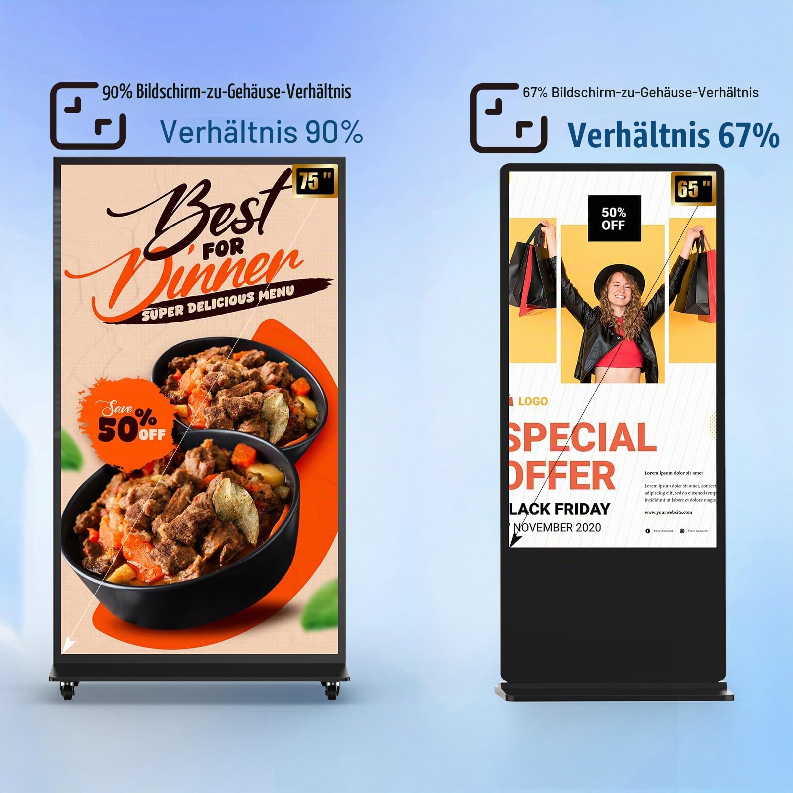 75 Zoll 4K UHD Digital Signage, Full Screen LCD Digitaler Kundenstopper, Innenbereich Digitales Werbedisplay mit Rädern, Android 11, mit WiFi/HDMI/USB für Restaurant Einkaufszentrum