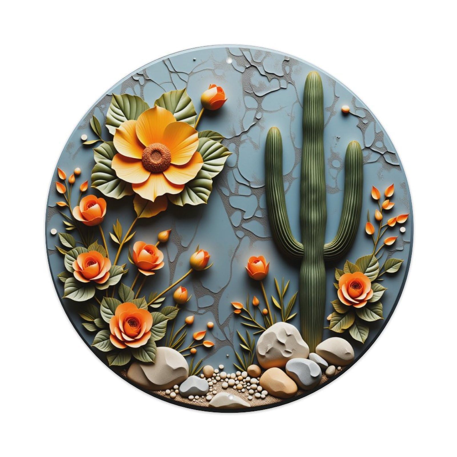 Desert Flower Cactus Rock Garden Vintage Metal Tin Sign Retro Wall Decor for Home Bar Garage Cafe, Indoor & Outdoor Decorative，circle Metal Poster, 8x8 Inch