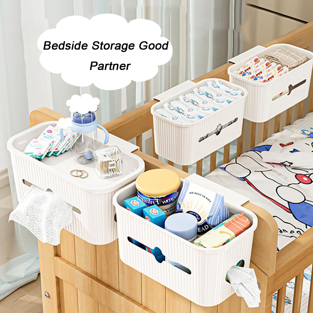 ETOPARS 2 in 1 Bedside Hanging Storage Baskets Dormitory Bunk Bed Pocket Storage Bag Organizer Caddy Desktop Storage Rack for Mobile Phone Magazine Books (Pattern 3-White) - Image 4