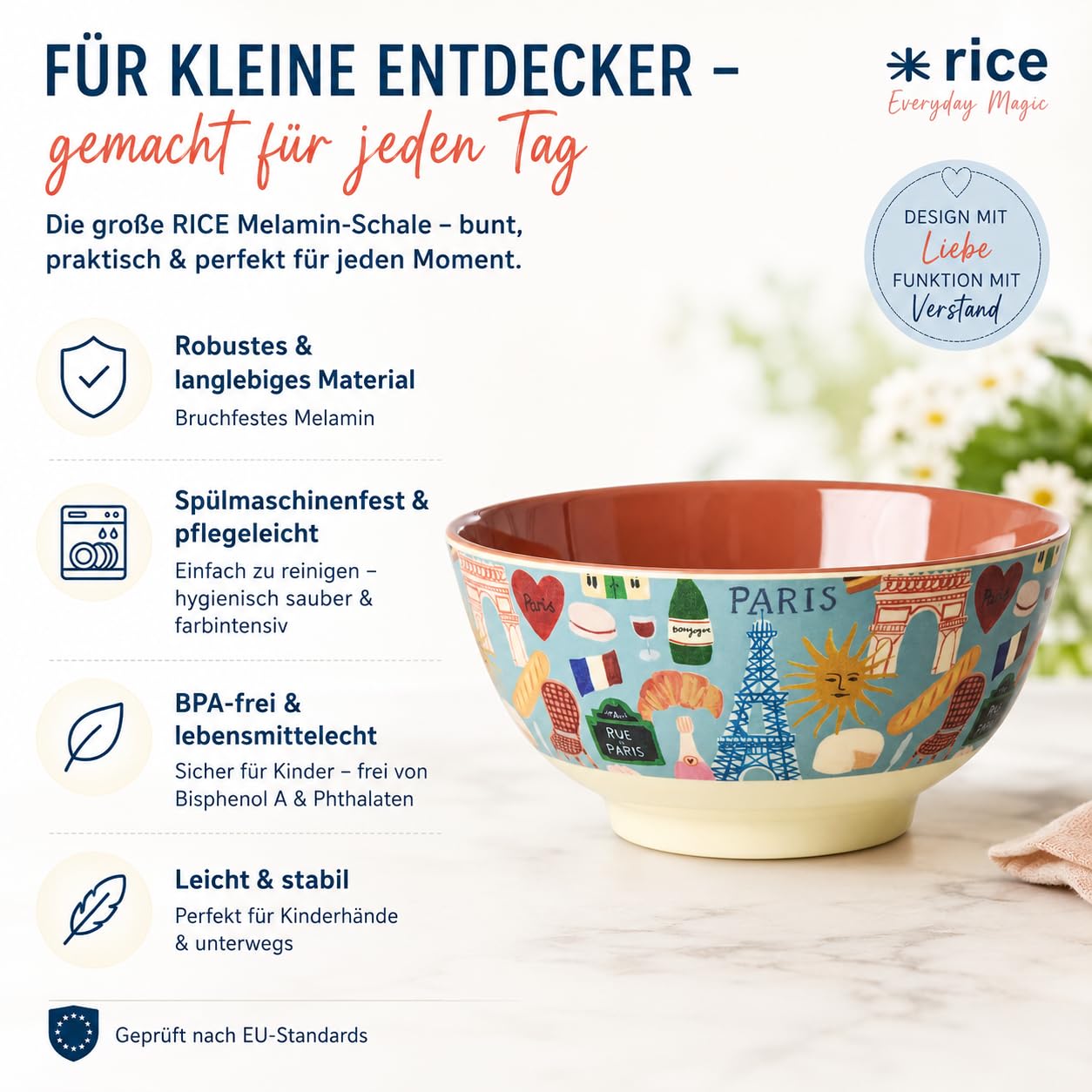 ReWu RICE Melaminschale Paris Mon Amour, 700 ml, BPA-frei, spülmaschinenfest, große Müslischale Snackschale Salatschale, Ø 15 cm