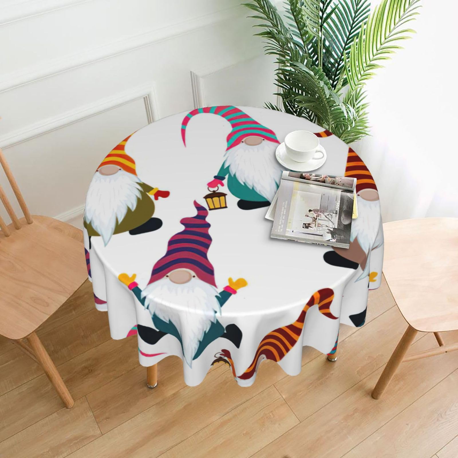 Uusnwaa Xmas Funny Gnomes Print Round Tablecloth 60 Inch, Stain Wrinkle Resistant Washable Polyester Table Cover For Kitchen Party