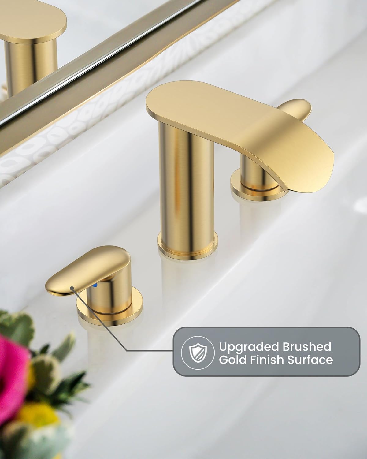 WOWOW Waterfall Bathroom Faucet 3 Holes 8Inch Widespread Bathroom Sink Faucet, Two Handles Lavatory Vanity Sink Faucets with Pop-up Drain & Supply Hoses, Modern Faucet Mixer Taps Gold