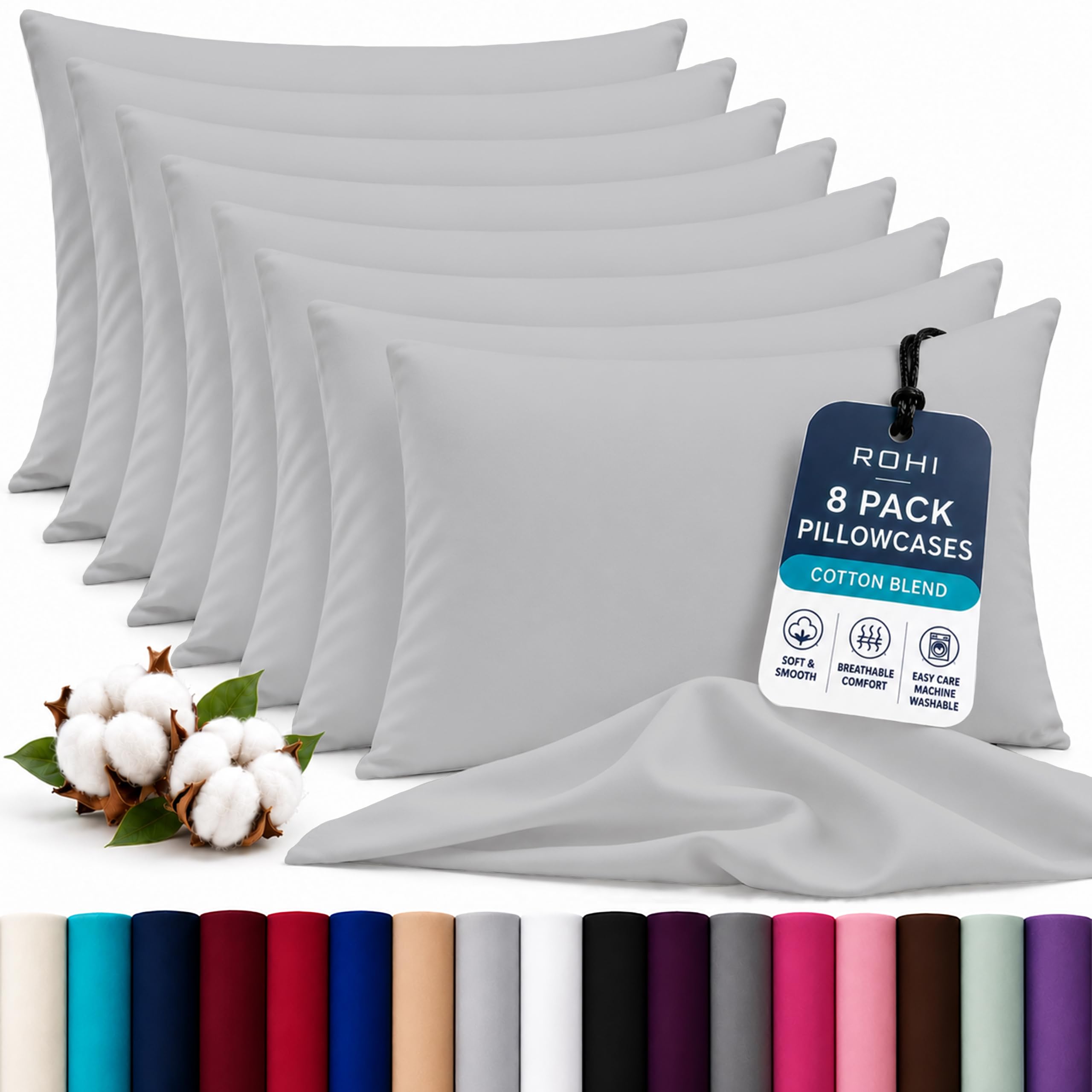 Rohi Luxury Silver Pillow Cases 8 Pack - (50×75cm) | Soft & Comfy Cotton Blend Pillow Covers with Envelope Closure | Breathable, Anti-Allergy, Fade & Wrinkle Resistant