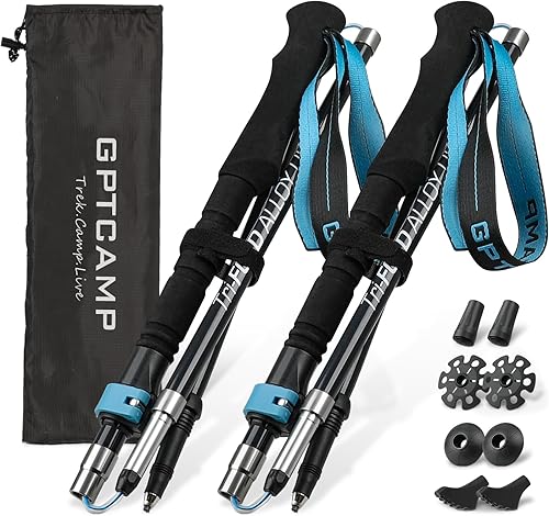 GPTCAMP Bastones de senderismo plegables, bastones de senderismo ligeros hechos de carbono, aluminio, 2 palos plegables para hombres y mujeres, con