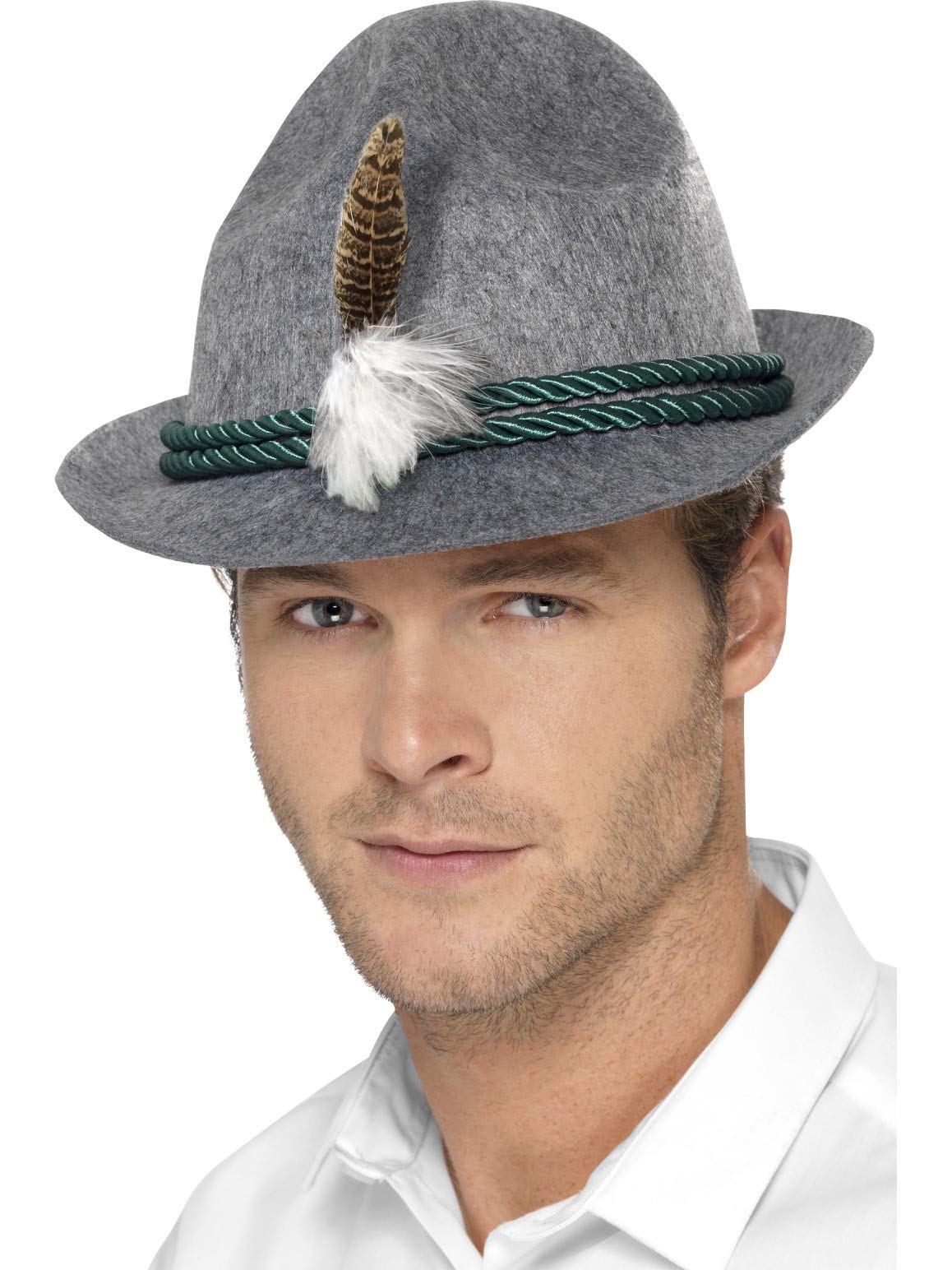 Smiffys German Trenker Hat with Feather, Traditional Grey Bavarian Style Hat Green Braiding and Feather Detail, Oktoberfest Fancy Dress Accessory for Men & Women, Alpine Festival & Costume Party Hat