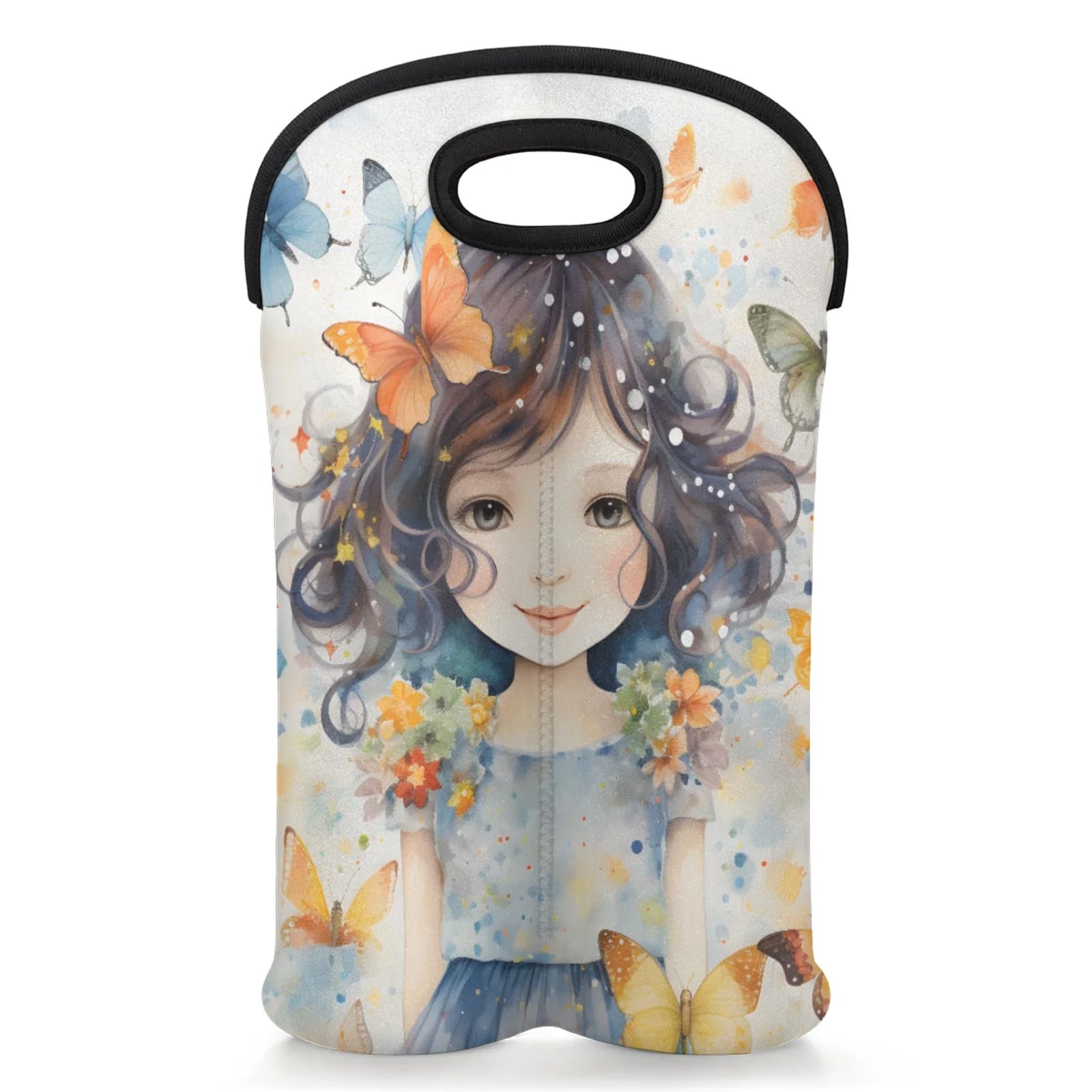 GzLeyigou 2 Bottles Girl Wine Bag Sleeve Totes Butterfly Neoprene Protective Wine Carrier Bag for Wine,Water, Champagne, Beer, Baby Bottles,Gift 14.5 x 10 Inches