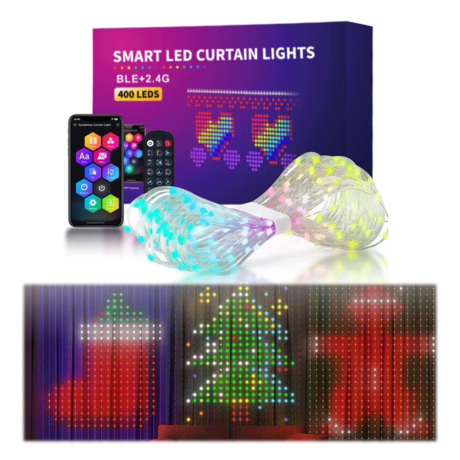 Rideaux Lumineux, Rideaux Lumineux LED Intelligents avec Application et Télécommande, Guirlande Lumineuse Dynamique de Synchronisation de Musique, Applique Murale RVB à Changement de Couleur, for Toil