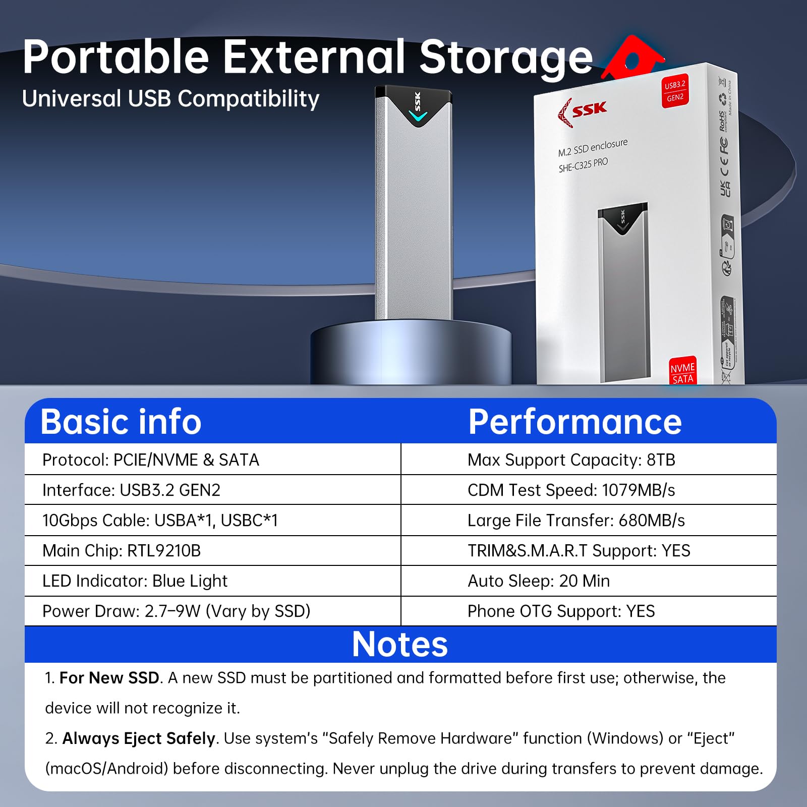 SSK Aluminum M.2 NVME SATA SSD Enclosure Adapter, USB 3.2 Gen 2 (10 Gbps) to NVME PCI-E SATA M-Key/(B+M) Key Solid State Drive External Enclosure Support UASP Trim for NVME/SATA SSDs 2242/2260/2280