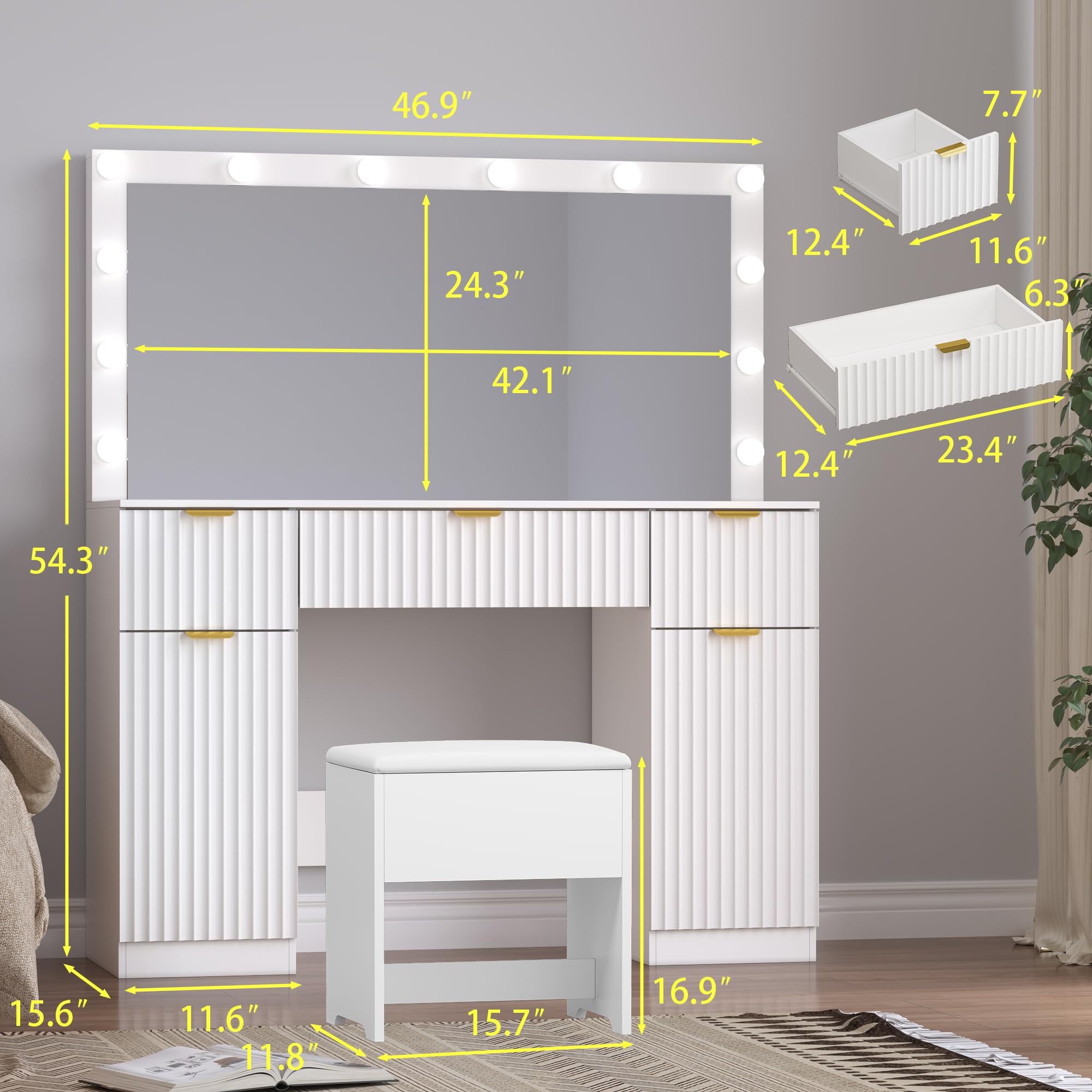 Koestem Dressing Table With Hollywood LED Mirror And Stool, Makeup Vanity With 4 Open Shelves