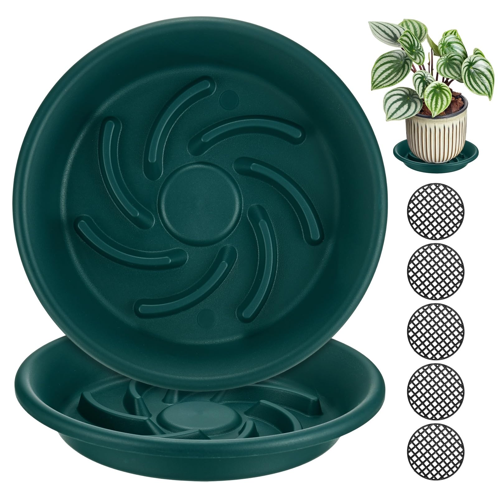 M METERXITY 2-Pack Plant Saucer, 6.5 Inch/ 16.5cm Plastic Plant Trays Thicker for Pots/Indoor/Outdoor/Water Drainage and Protection, Flowerpot Drip Tray [Dark Green]