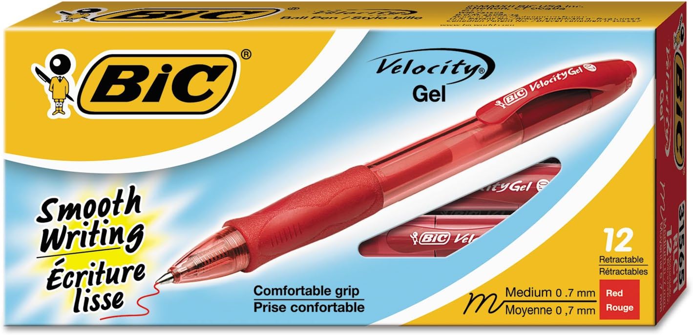 BIC Gelocity Original Red Gel Pens, Medium Point (0.7mm), 12-Count Pack, Retractable Gel Pens With Comfortable Grip