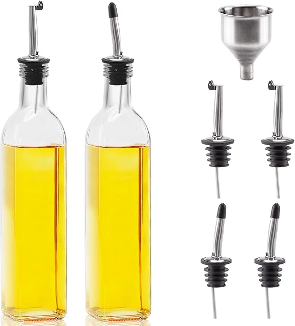 Mtophs [2 PACK] 17OZ Olive Oil Dispenser Glass Bottle Set - 500ml Oil & Vinegar Drizzler Bottle with Auto Flip Pourers, Funnel Clear