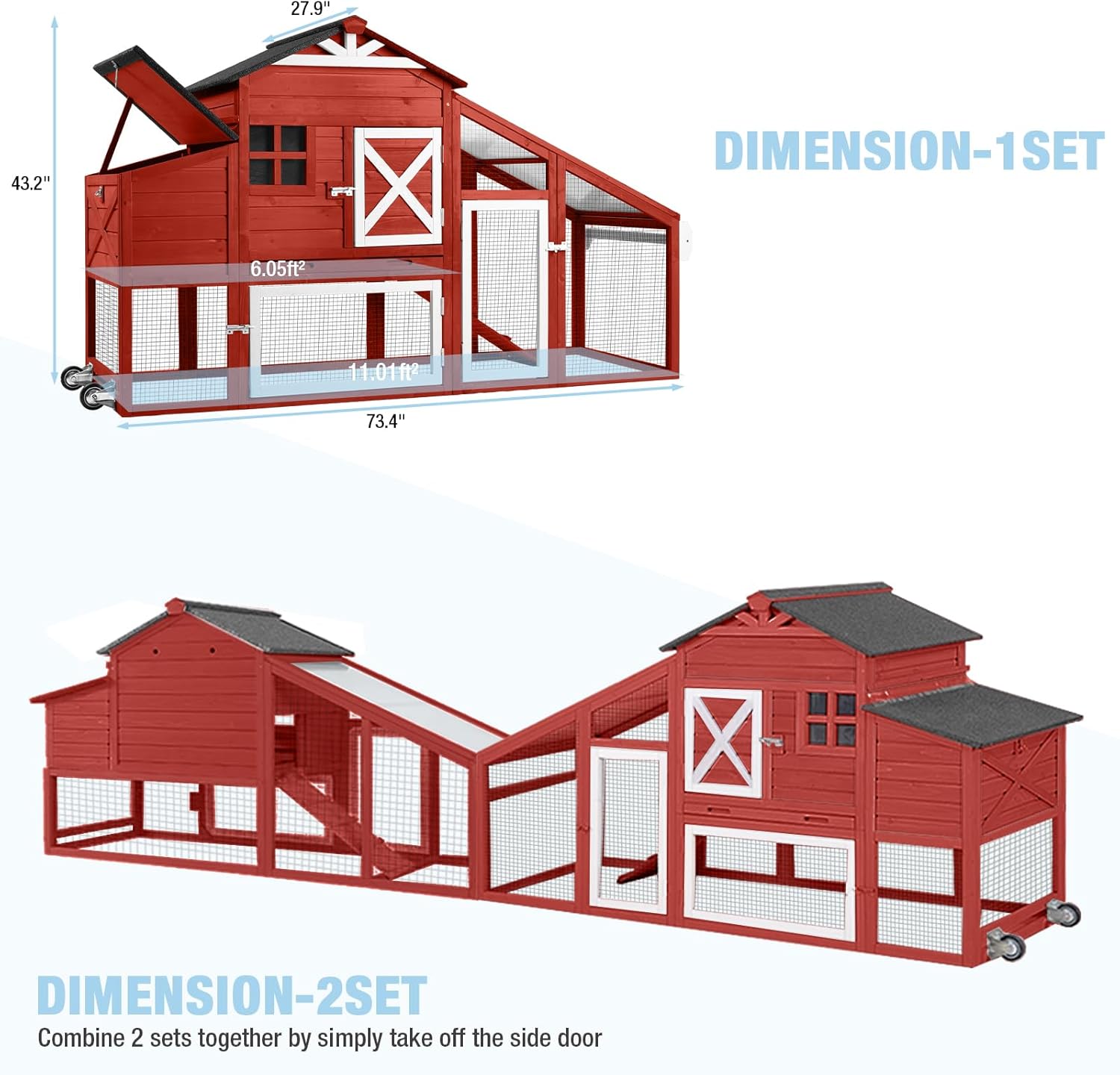 Large Chicken Coop with Run and Wheels, Wooden Hen House with Nesting Box and Waterproof Roof, Poultry Cage with Leakproof Tray, Rabbit Hutch, Bunny Cage Outdoor, Chicken Tractor for 4 Chickens (Red)