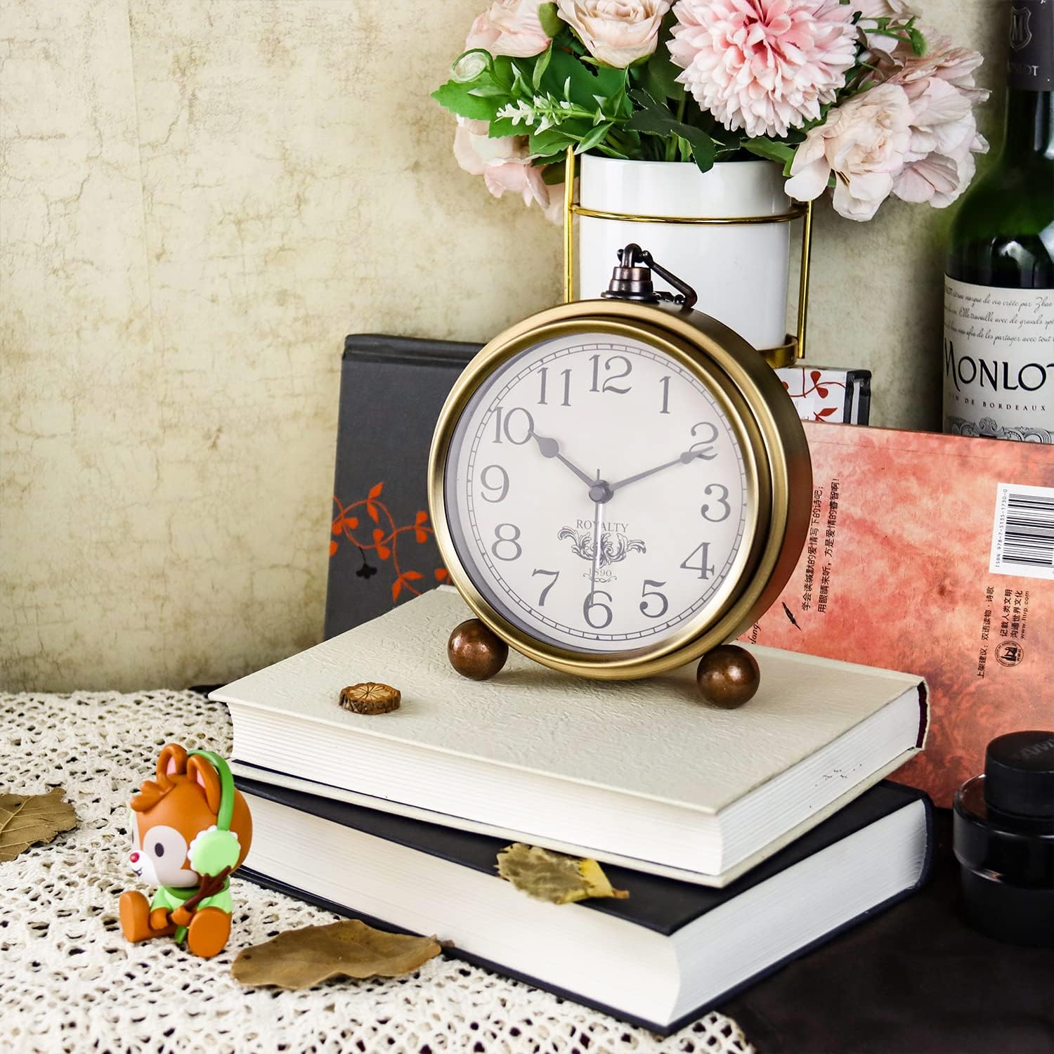 Gold Desk Alarm Clock for Bedroom Kids Modern Mantel Small Table Clock Desktop Farmhouse Tabletop Metal Battery Operated Clock for Bedside Living Room Office Silent 5.5 Inches (Arabic)
