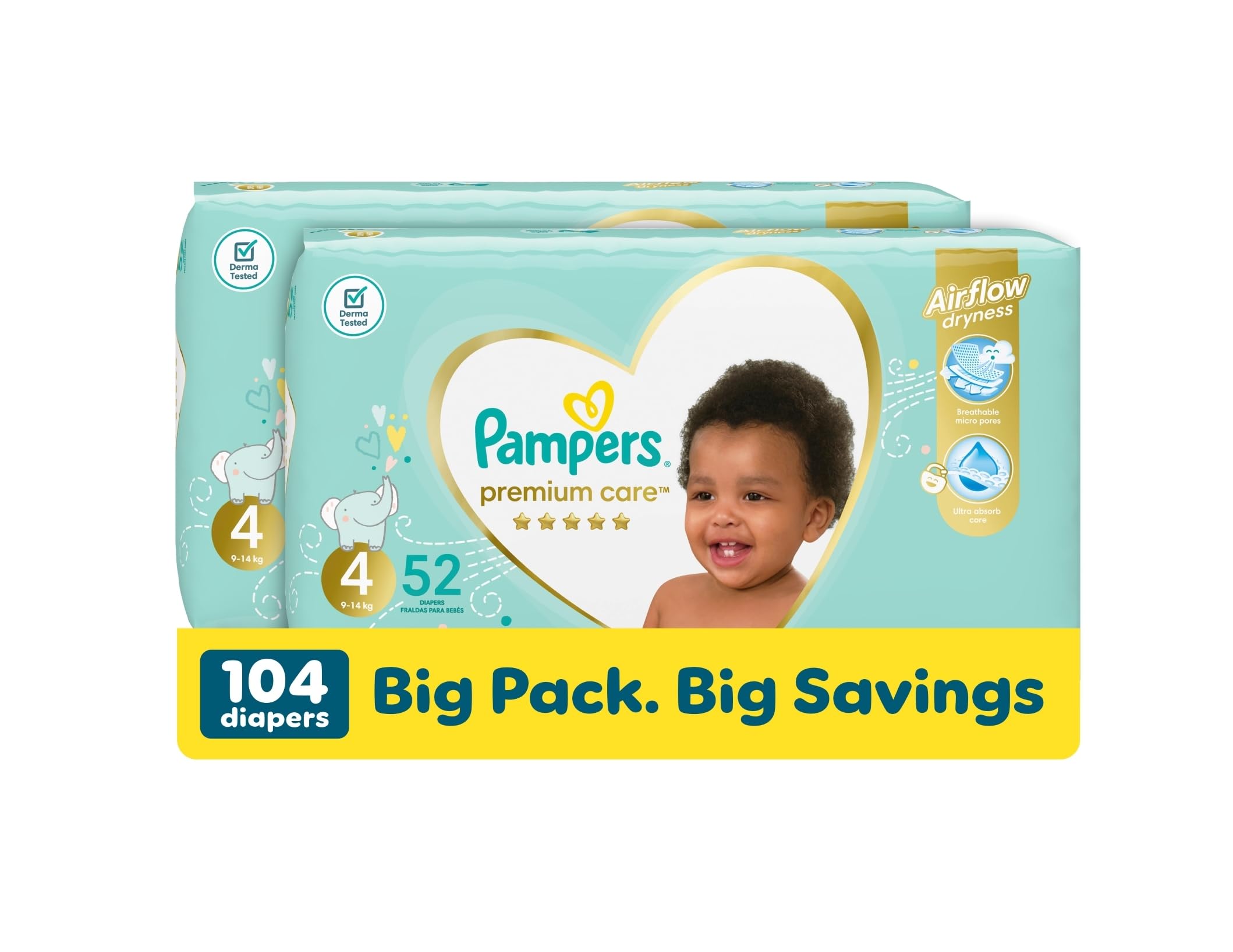 Pampers Premium Care 52 Baby Nappies, Size 4 (Pack of 2)