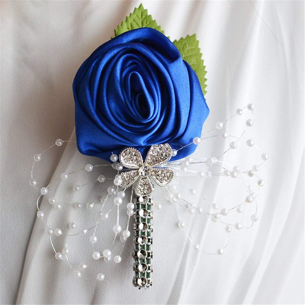 USIX 2pc Pack-Handmade Men's Lapel Satin Flower Pearl Decor Boutonniere Pin for Suit Wedding Groom Groomsmen Brooch Rose Boutonniere (Blue)