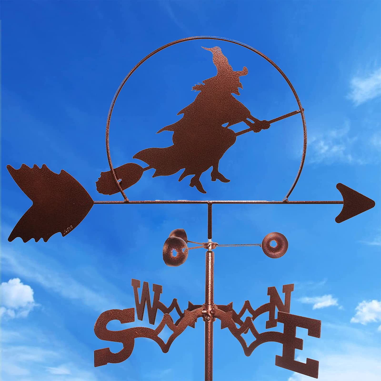 Veleta de viento para jardín con diseño retro de bruja en metal negro