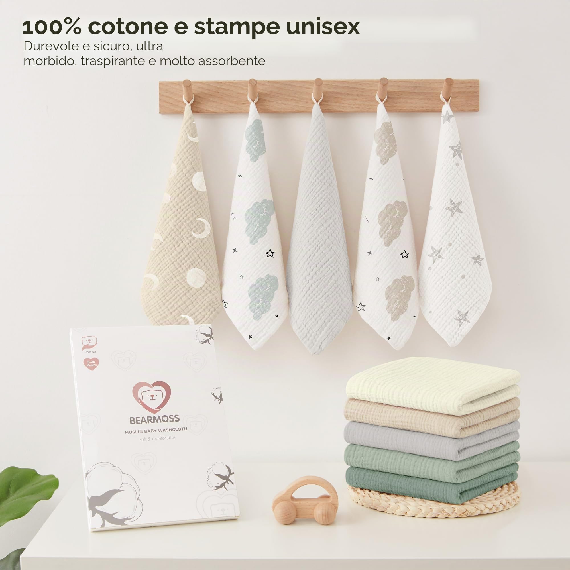 bearmoss Bambino in Mussola Per Neonati, 10 Pezzi Set 25x25cm, Super Morbido Assorbente in Mussola A Grana Per Neonati, Unisex, Per Bambine E Ragazzi (Verde grigiastro)