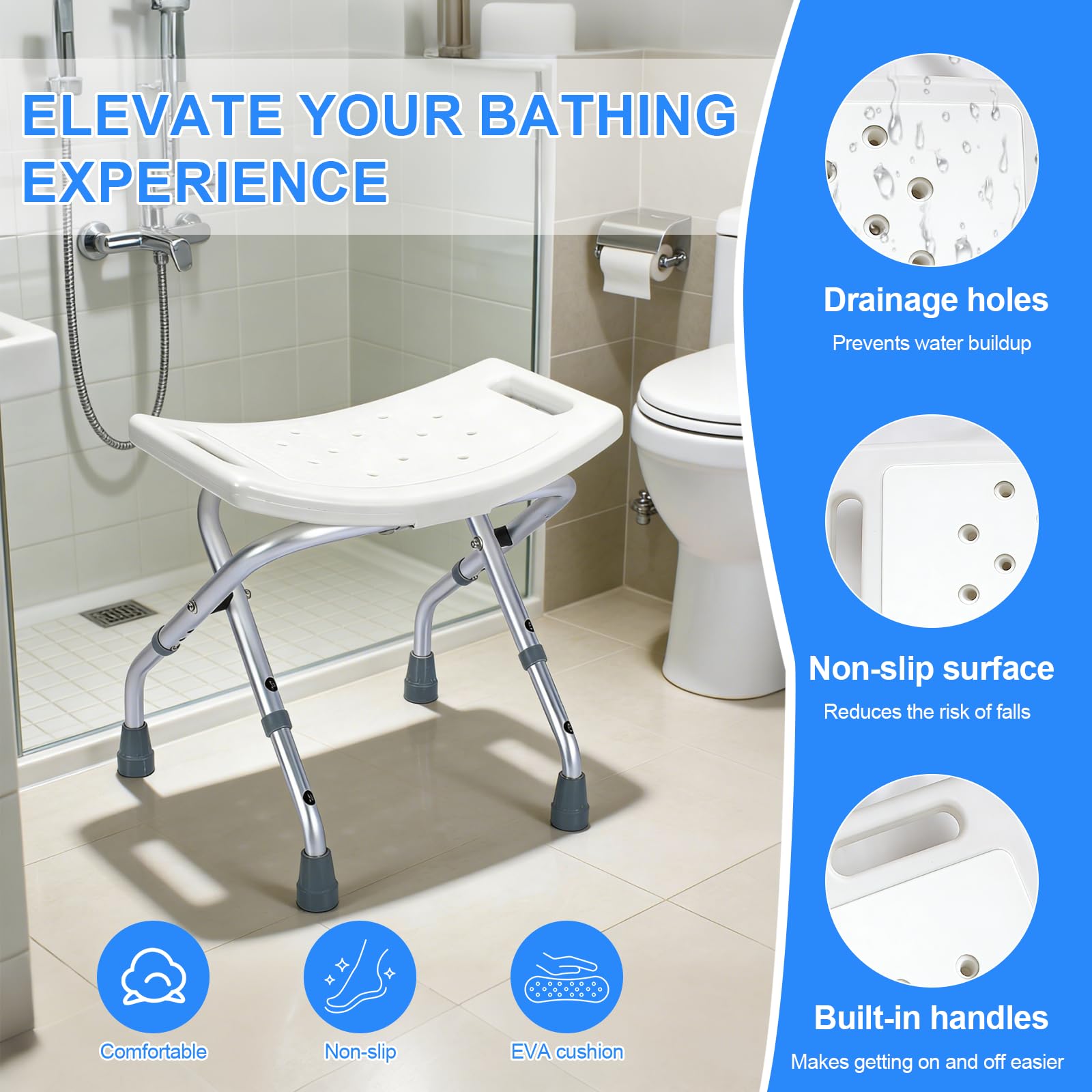 Silla de ducha plegable de altura ajustable, taburete de ducha de viaje de aleación de aluminio con agujeros de drenaje, silla de ducha elegible, 400 libras, asiento de baño antideslizante de
