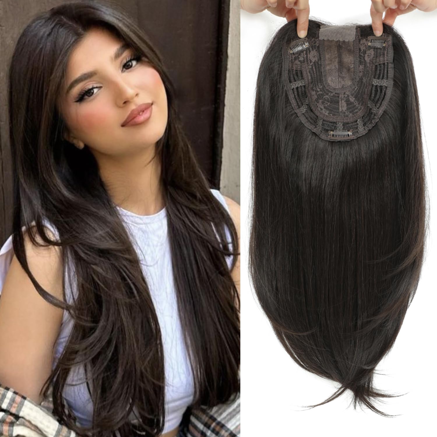 Haaraufsatz für dünner werdendes Haar, 45,7 cm, Haarteil für Damen, 16,5 x 16,5 cm, für zusätzliches Haarvolumen, natürliches glattes Haarteil, fühlt sich super weich an wie echtes Haar