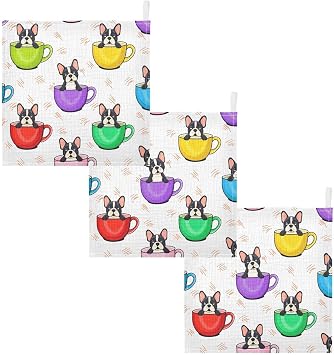 Nander Cute French Dogs Sitting in Colorful Cups Cotton Washcloths 5Pack, Highly Absorbent and Soft Face Towel, Multi-Purpose Wash Cloths for Bathroom, Gym, Hotel, Spa and Kitchen,11.8x11.8 Inch