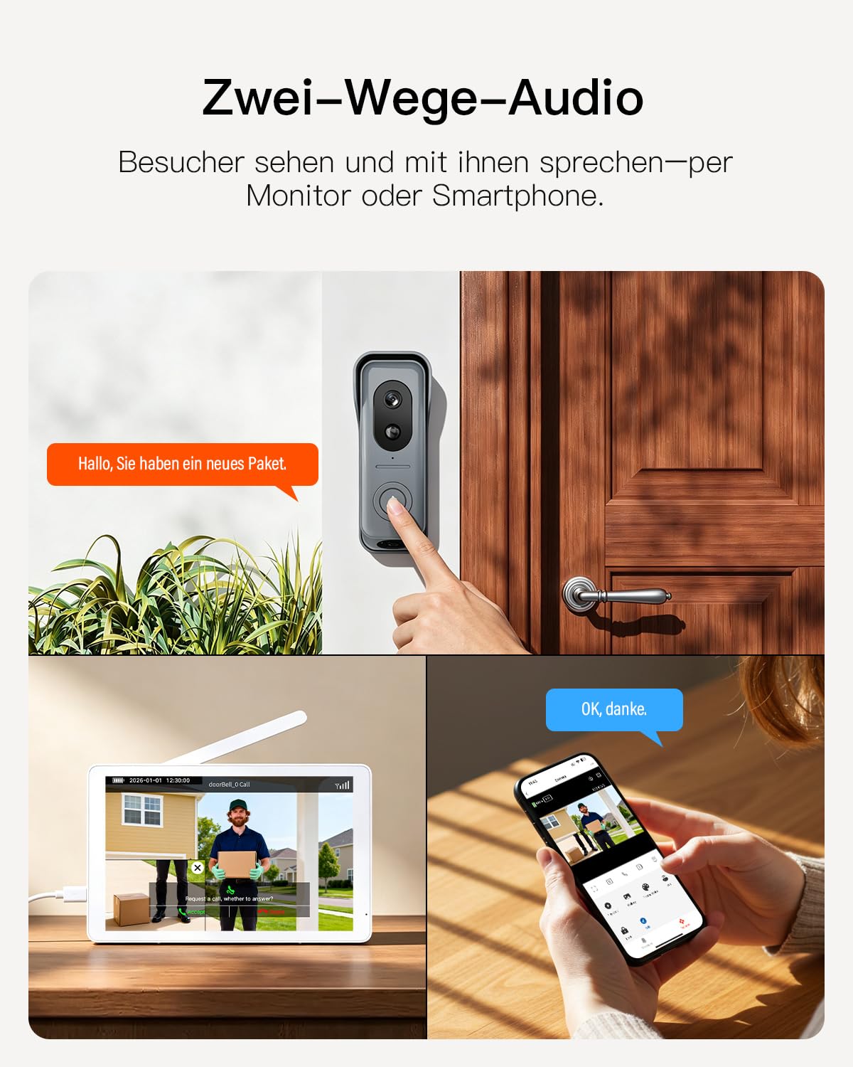 WiFi Video-Türsprechanlage, kabellos, mit Touchscreen, 8 Zoll, wasserdicht, Türklingel mit Doppelkamera, kein Abonnement, Bewegungserkennung, App-Steuerung
