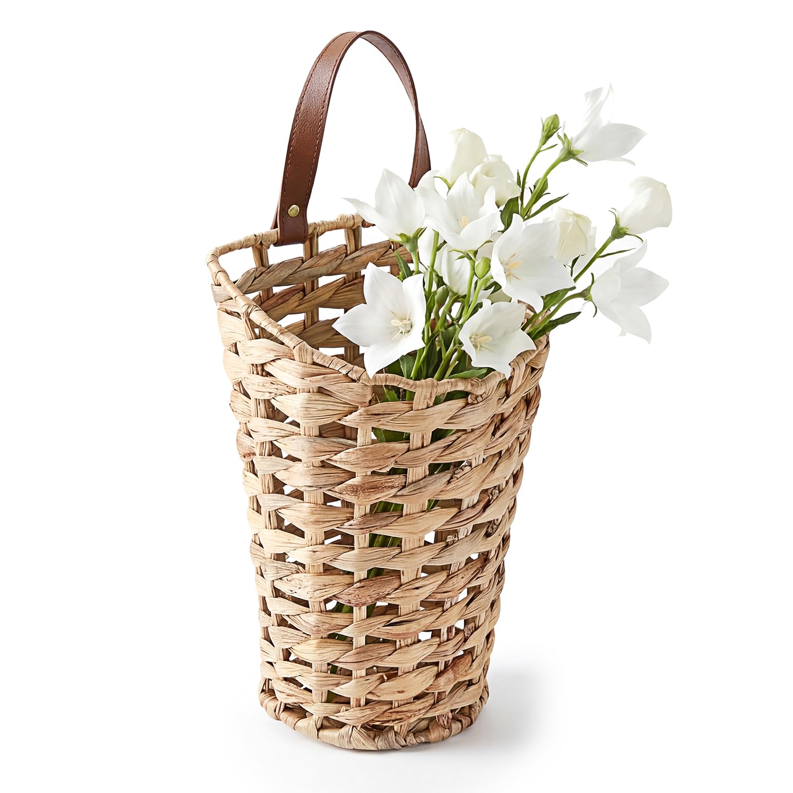 IGNPION Woven Wall Hanging Basket, Front Door Decor Planter Baskets, Boho Hanging Mail Holder with PU Leather Handle, Water Hyacinth Entryway Indoor Wall Organiser (No plants included)