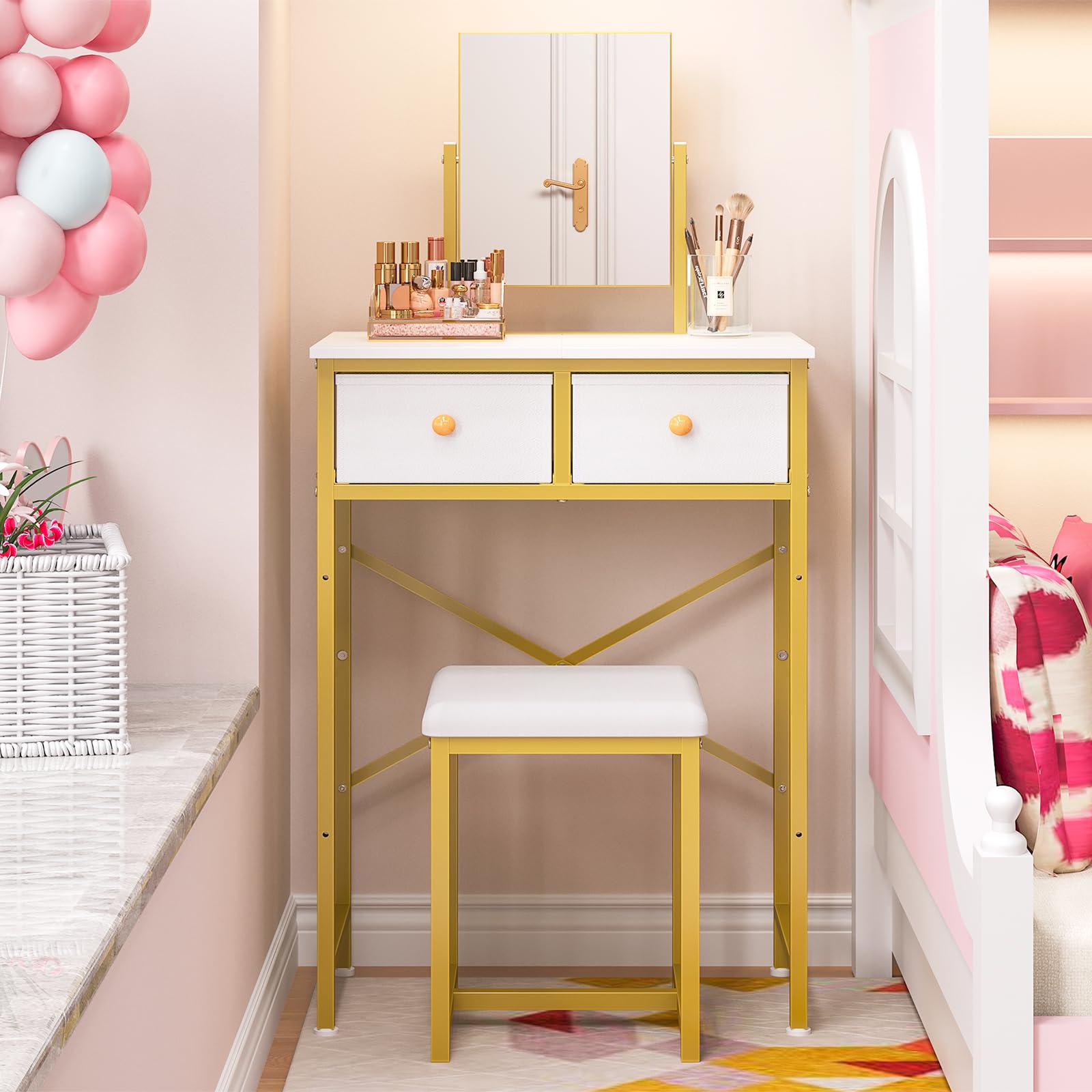 X-cosrack Small Makeup Vanity Desk with Mirror & Chair