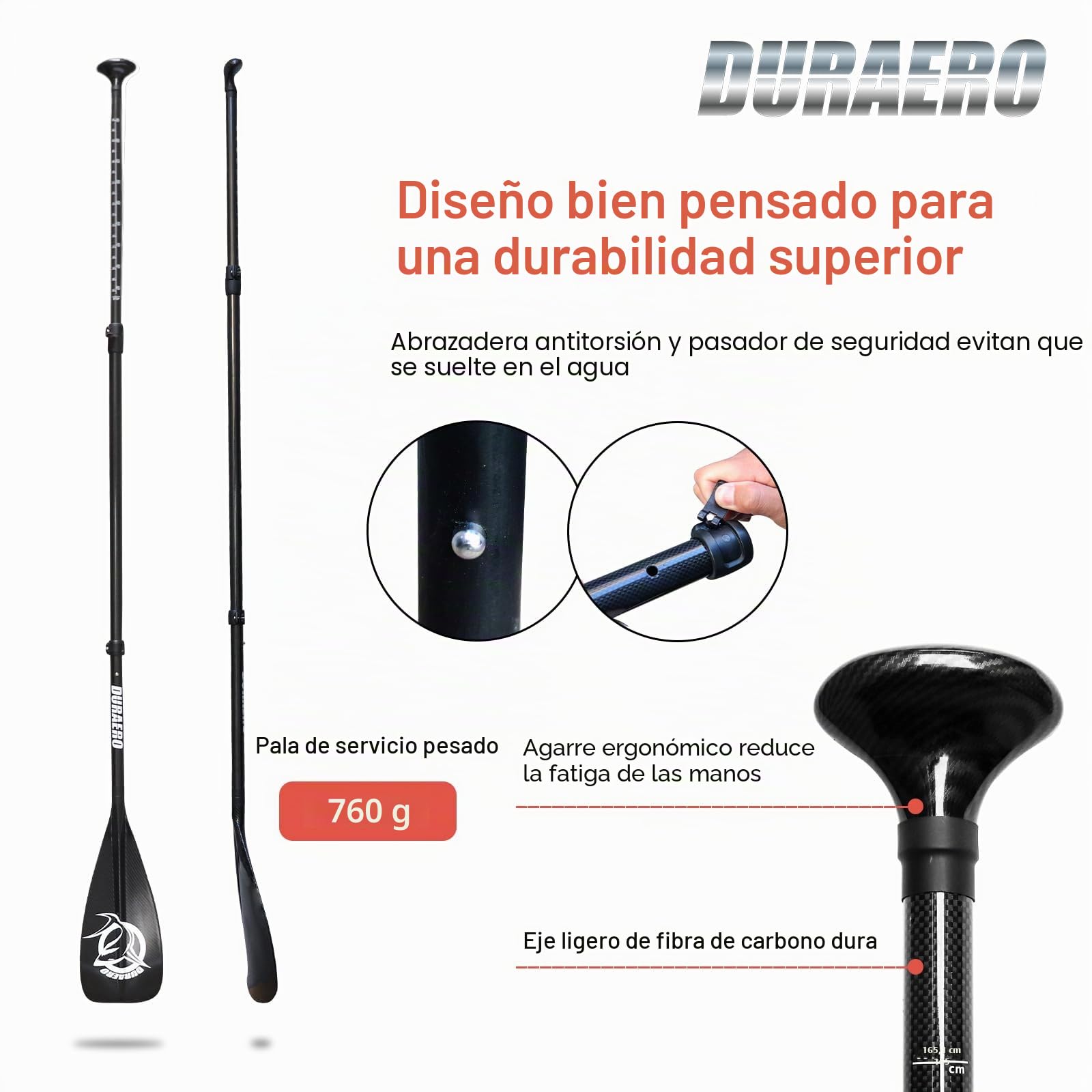 Remo de Carbono con Bolsa - 3 Piezas para Sup Kayak Stand-Up Paddling Board Velocidad Profesional - Remo Ligero 760 g Telescópico Ajustable 165-205 cm kajak Tabla de Surf Sistema enchufable