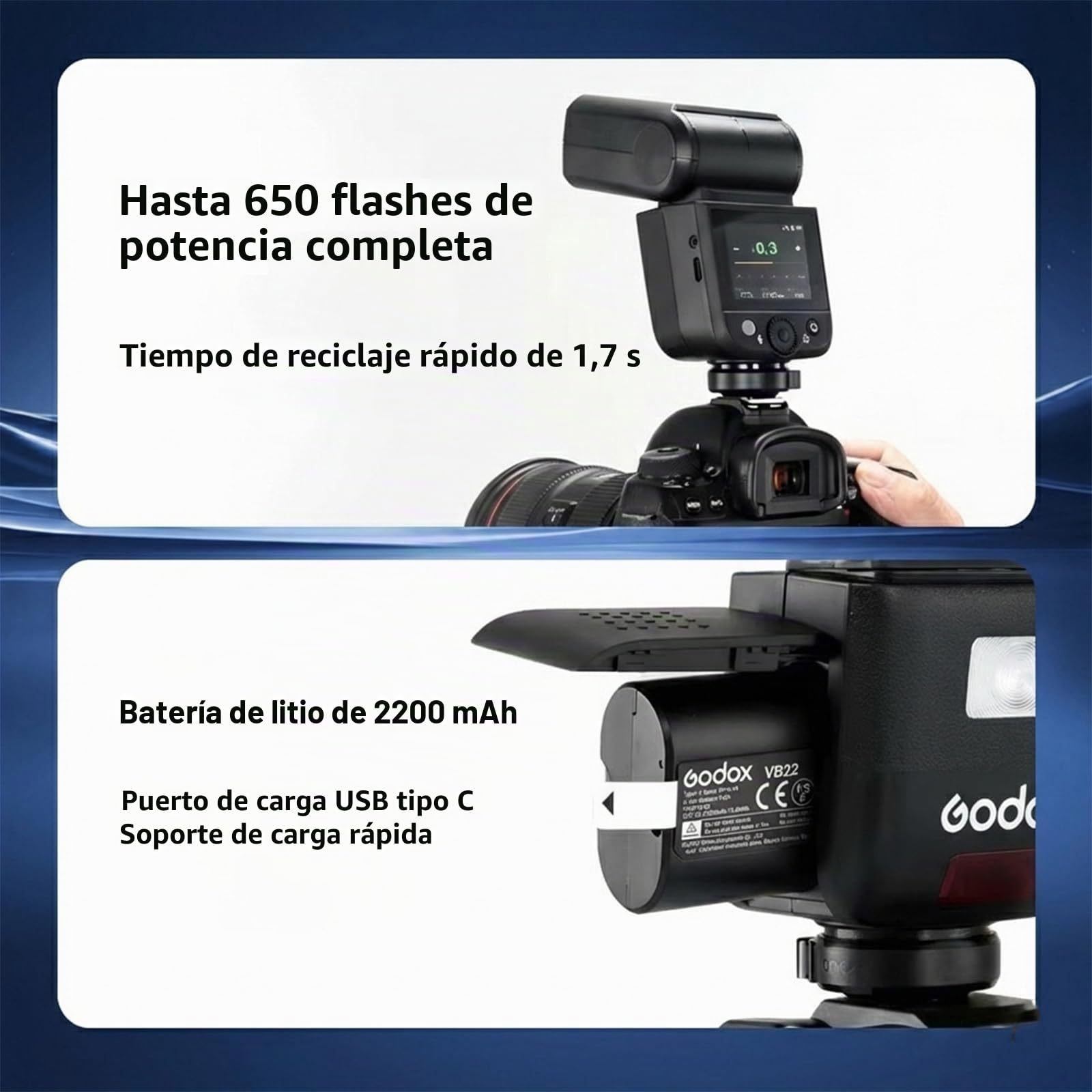 Godox VB22 Batería de Litio (7.2V 2200mAh) con Puerto de Carga USB-C – Batería de Repuesto para Flashes Godox V1 Mid, Serie V480 y Serie V350 (C/S/N/O/F)