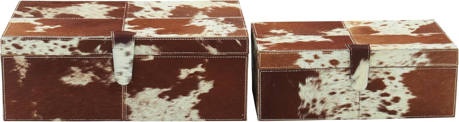 Deco 79 Leather Handmade Decorative Box Decorative Keepsake Boxes with Hinged Lid, Set of 2 Storage Boxes 17", 14"W, Brown