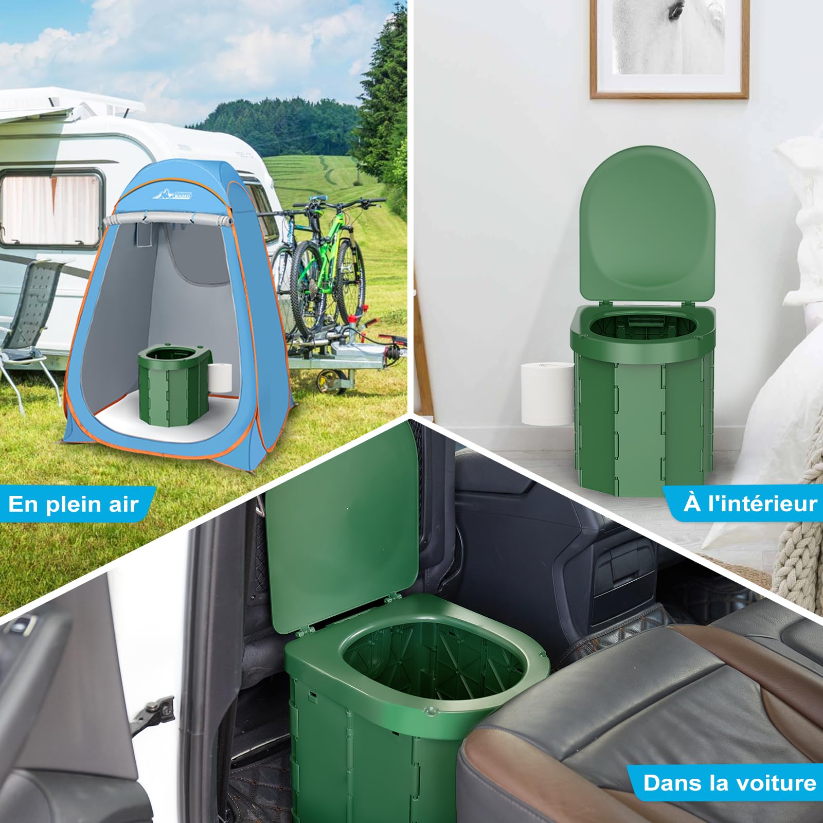 WADEO Toilettes de Camping Portables, Toilettes Pliantes pour Adultes, Toilettes de Camping Mobile avec Couvercle et Porte-Papier Toilette, pour Camping, Voyages, Embouteillages (Vert Foncé)